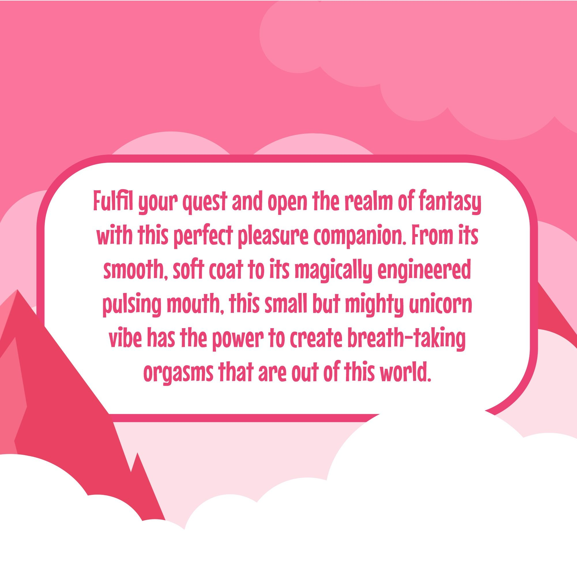 Ein rosafarbener Hintergrund mit Wolken und Text über einen Einhorn-Vibrator.