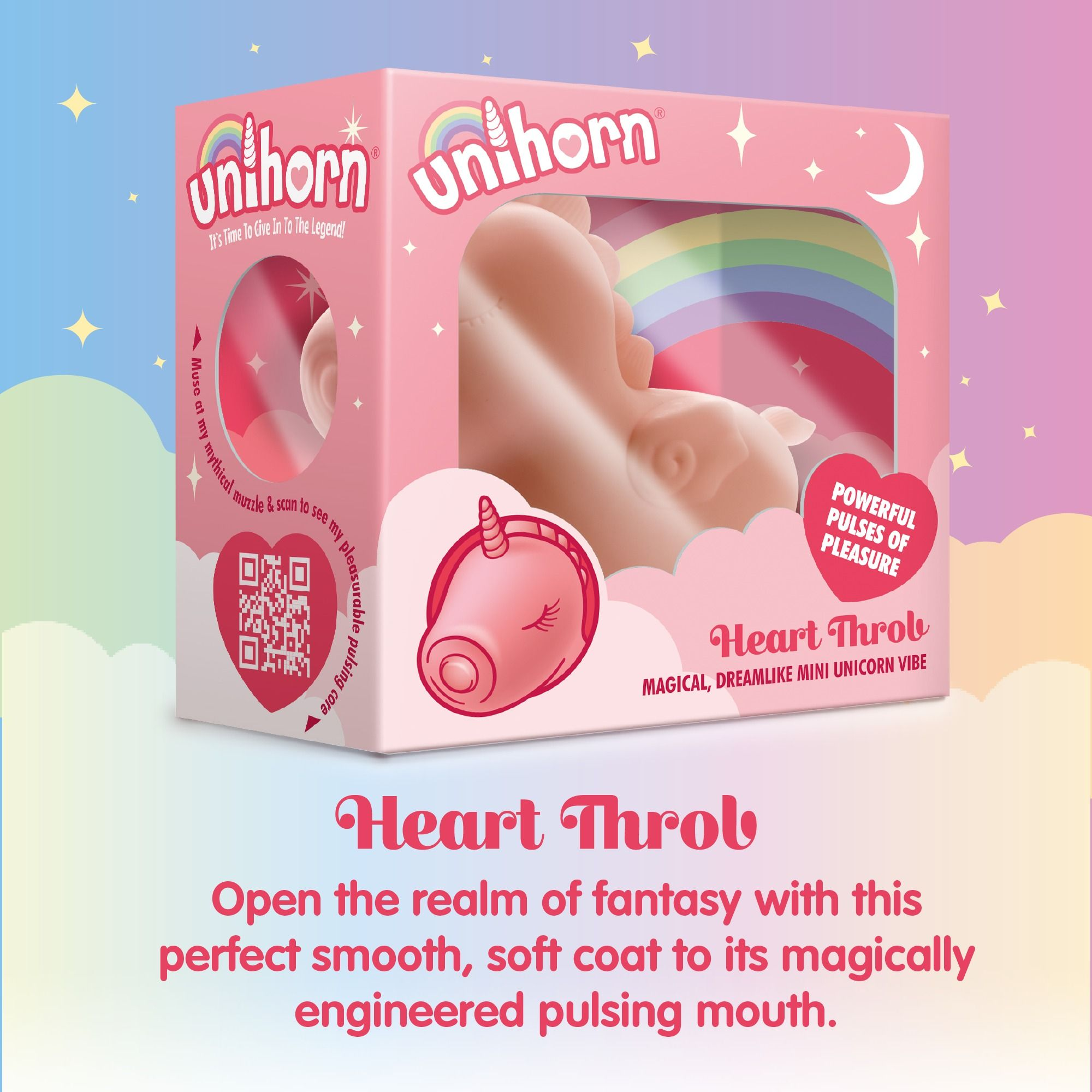 Pinke Schachtel mit Einhorn-Spielzeug. Text: Heart Throb. Magische, traumhafte Mini-Einhorn-Vibes.