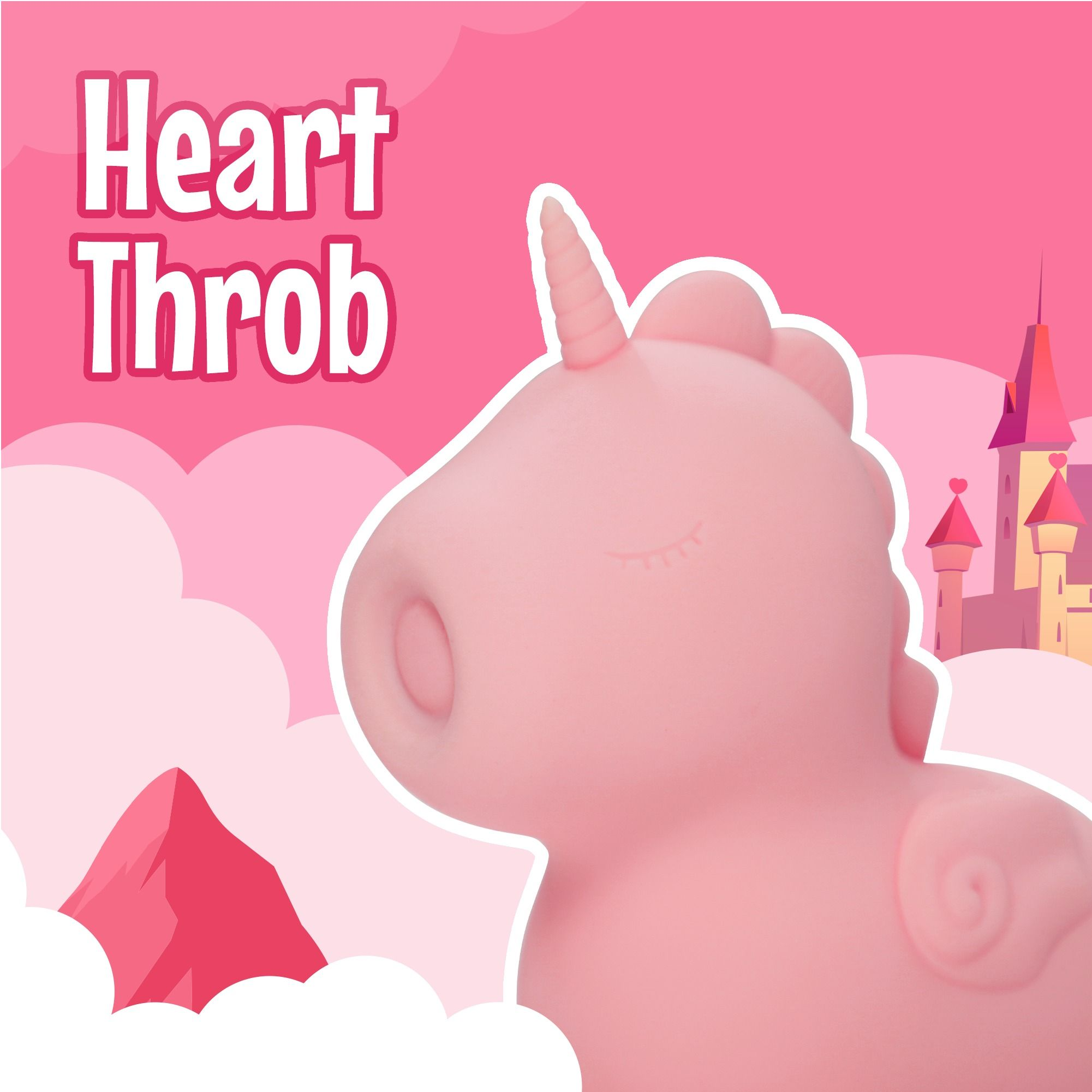 Rosa Einhornspielzeug mit geschlossenen Augen, Text Heart Throb, rosa Wolken, Berge und Burgen.