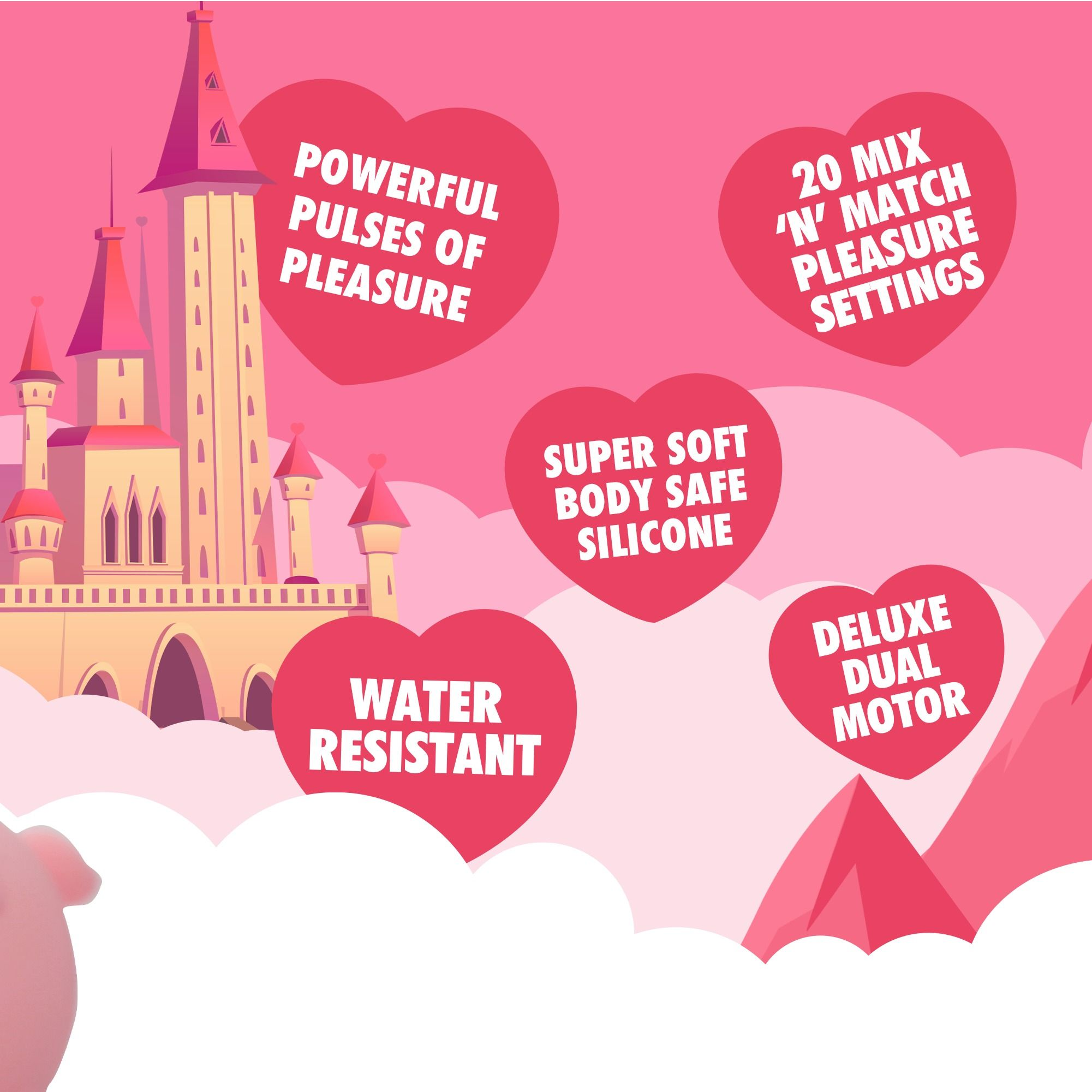 Eine rosa Illustration mit einer Burg, Wolken und Herzen, die Produktmerkmale beschreiben.