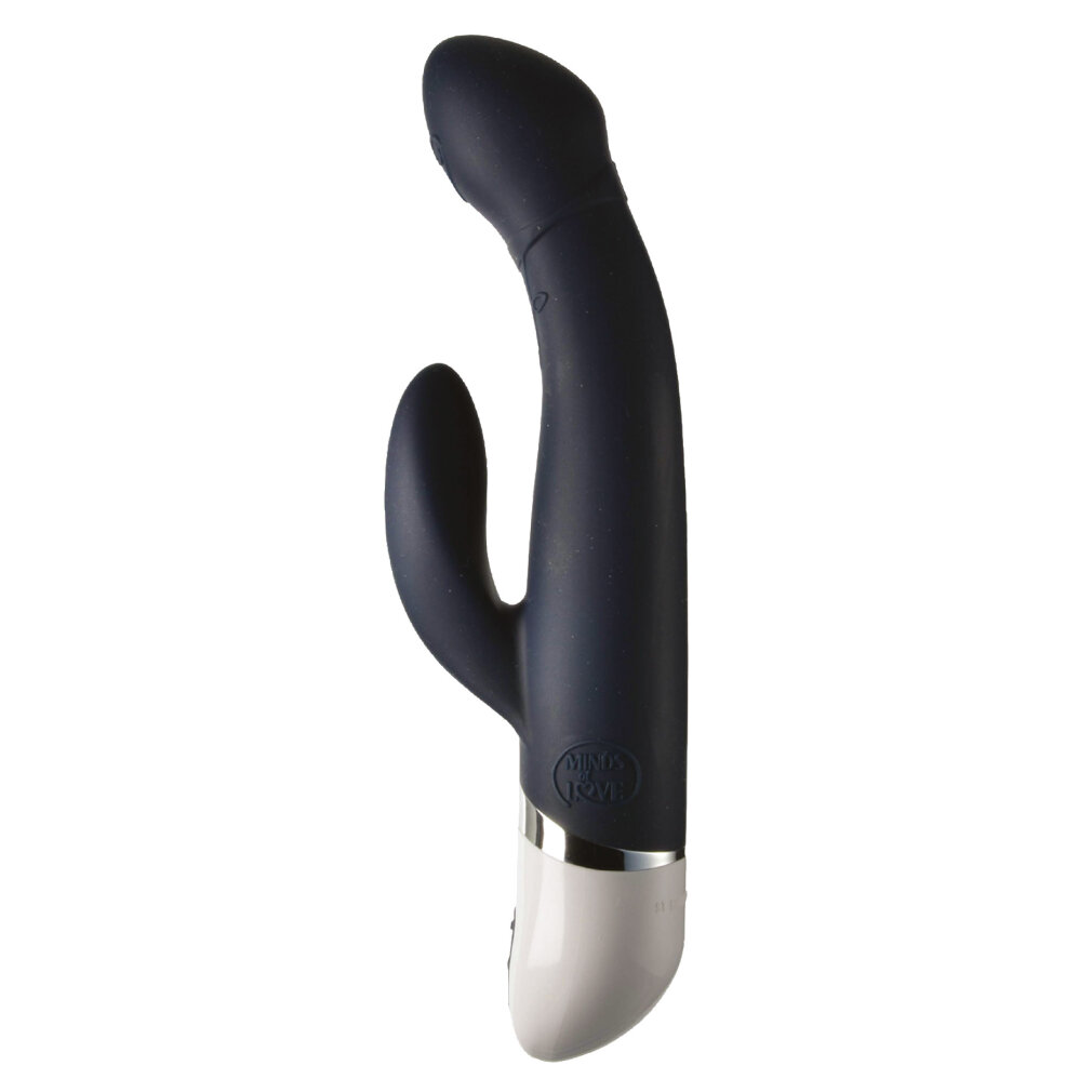 Ein dunkler, gebogener Vibrator mit einem kleineren, gebogenen Anhängsel.