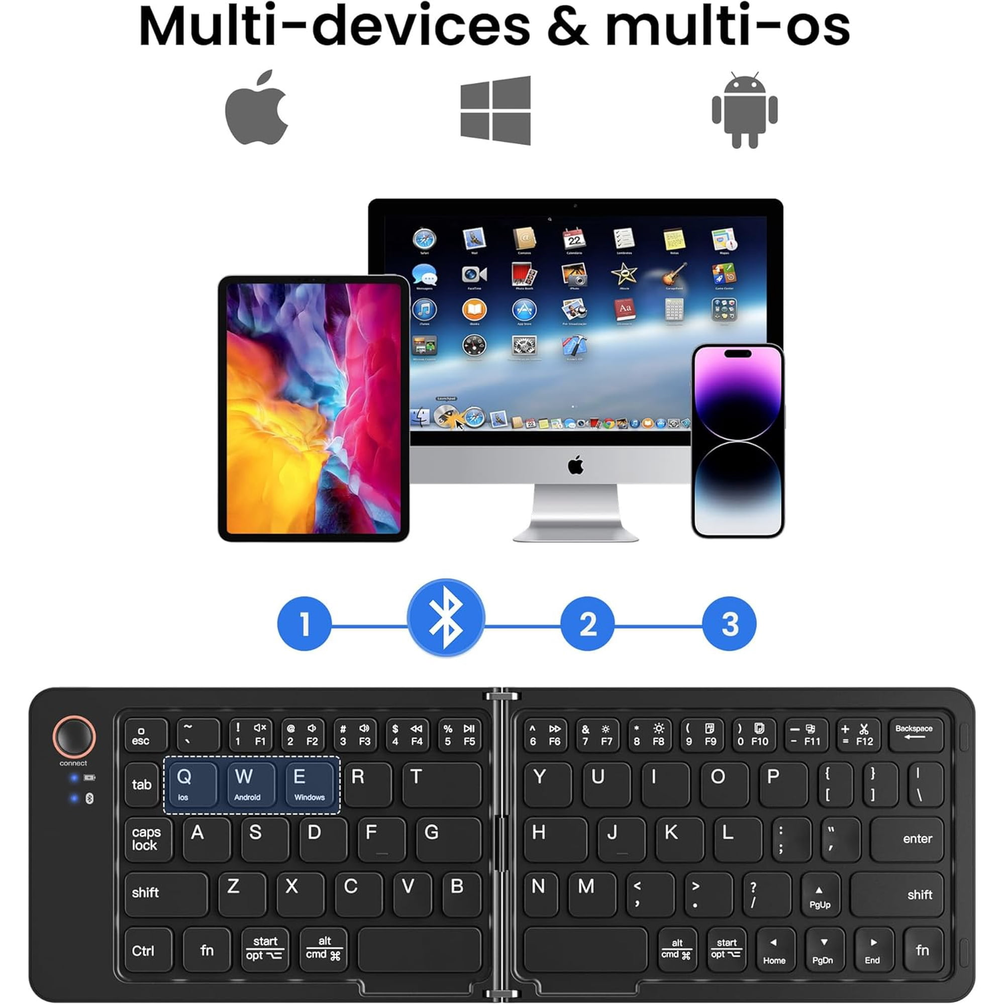 Ein faltbares Keyboard mit drei Geräten und Icons für Apple, Windows und Android.