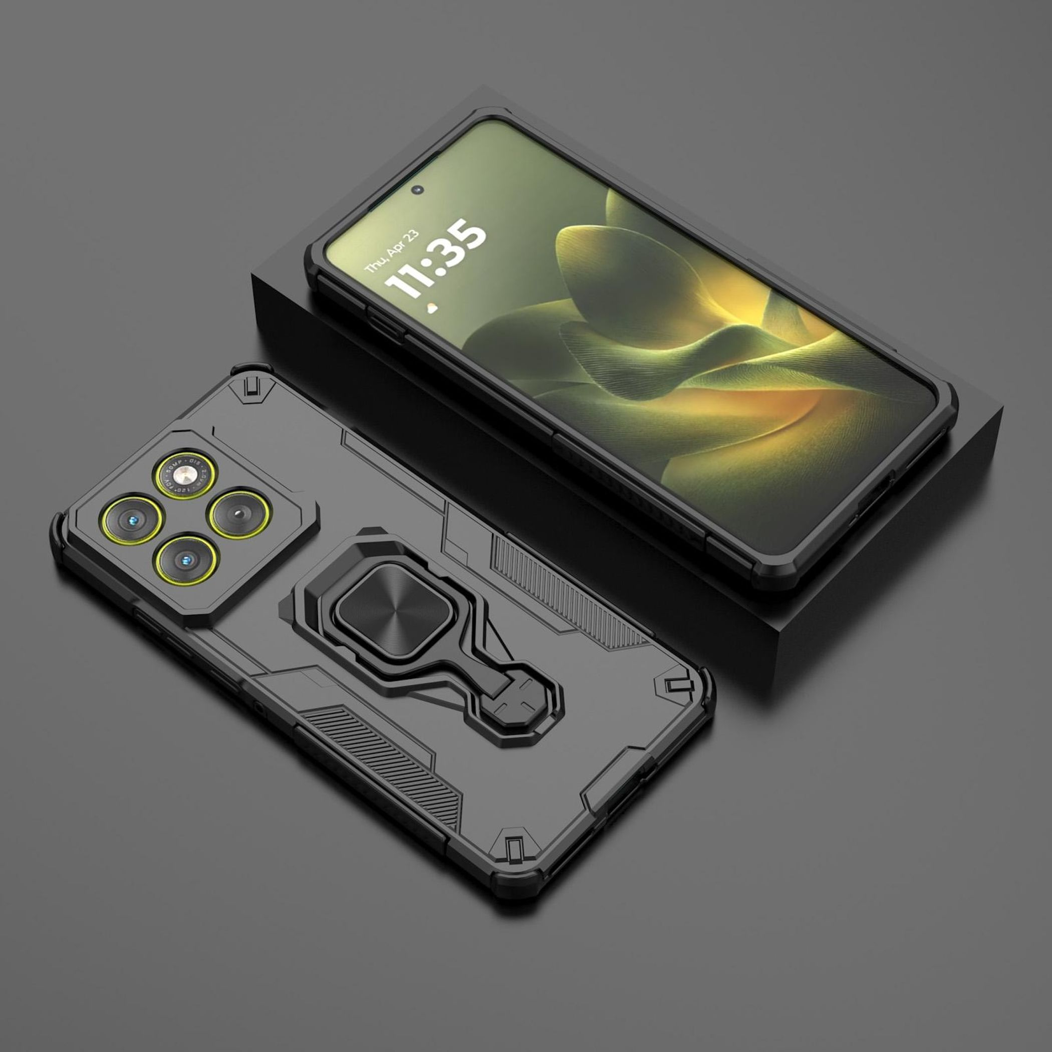 Ein schwarzes Smartphone mit Schutzhülle und Ringhalterung liegt daneben.