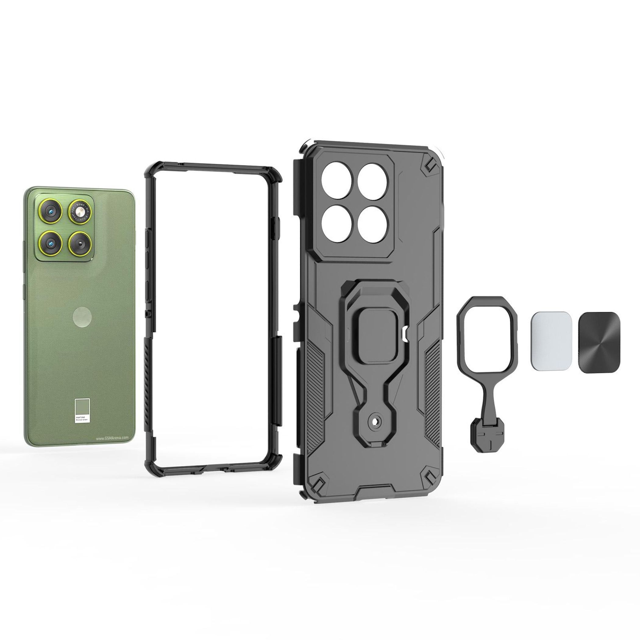 Grünes Smartphone mit Schutzhülle und Zubehör vor weißem Hintergrund.