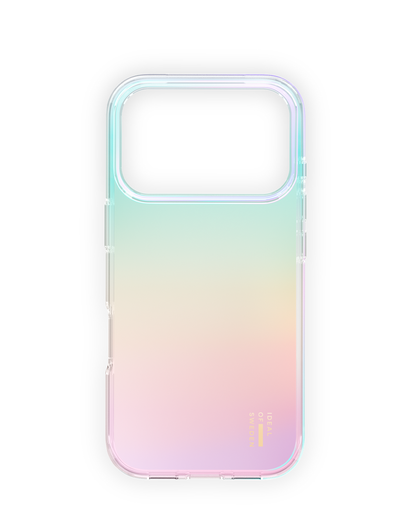 Transparente Handyhülle mit Farbverlauf von Grün zu Rosa und Text.