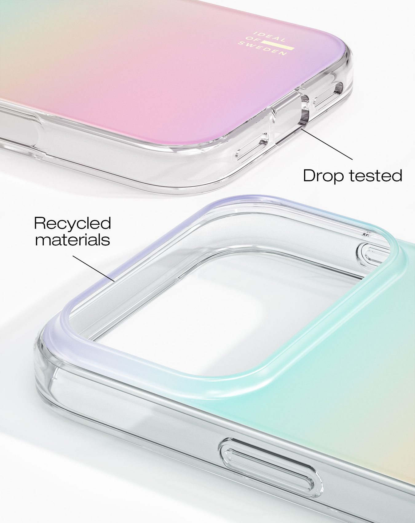 Zwei Handyhüllen mit Farbverlauf, eine "Drop tested" und die andere aus recycelten Materialien.