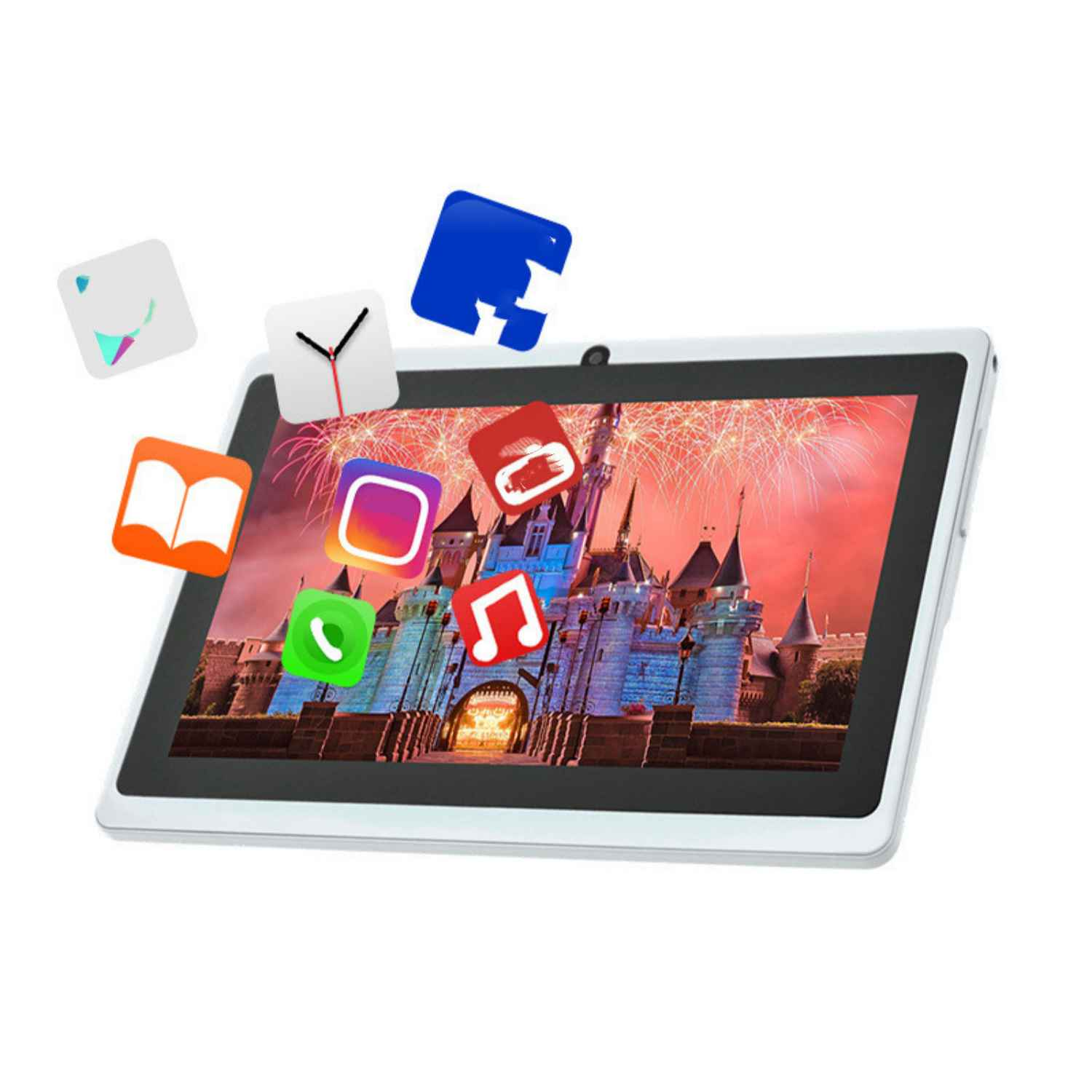 Tablet zeigt eine Burg mit Feuerwerk. Apps schweben darum herum.