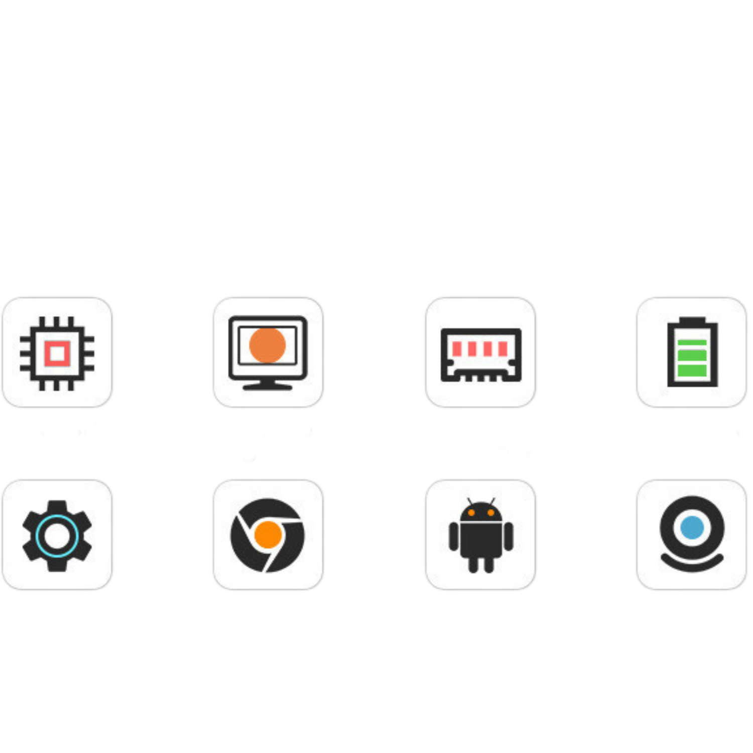 Icons: CPU, Monitor, RAM, Batterie, Zahnrad, Chrome, Android, Kamera.