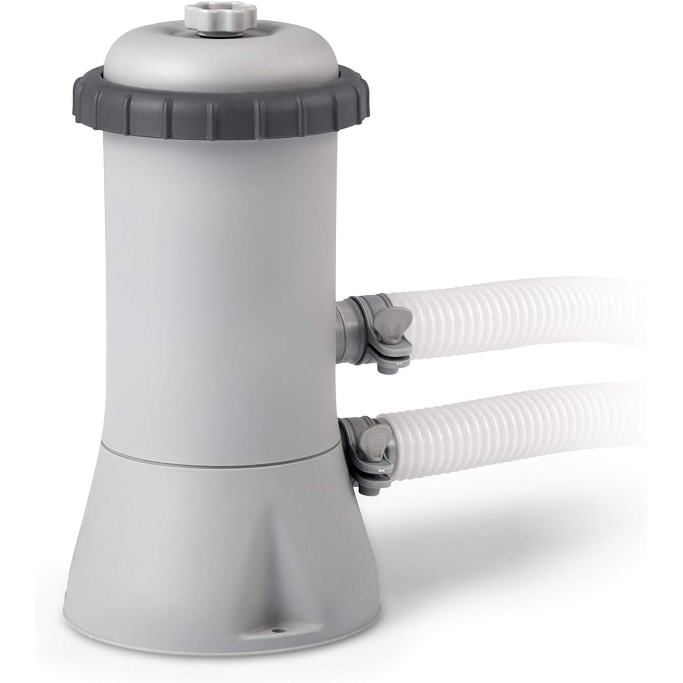 Ein grauer Poolfilter mit zwei weißen Schläuchen, die seitlich angeschlossen sind.
