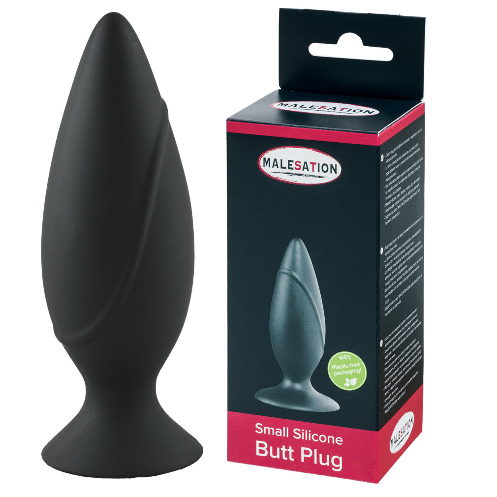 Schwarzer Silikon-Analplug neben seiner Verpackung mit Produktabbildung.