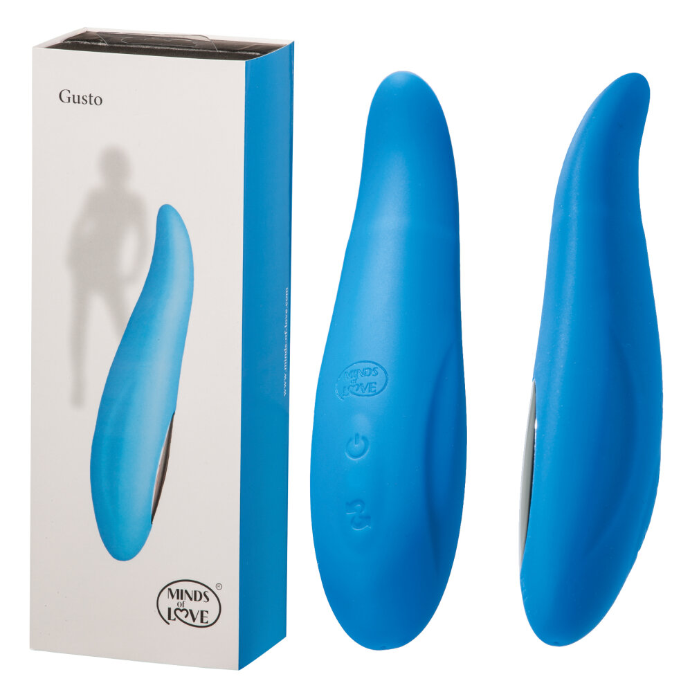Ein blauer Vibrator mit Verpackung und zwei Ansichten des Produkts.