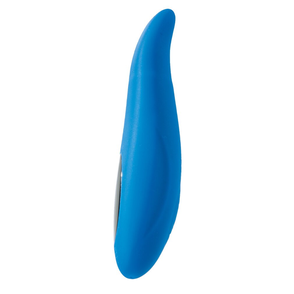 Ein blaues, gebogenes Objekt mit einer silbernen Oberfläche.
