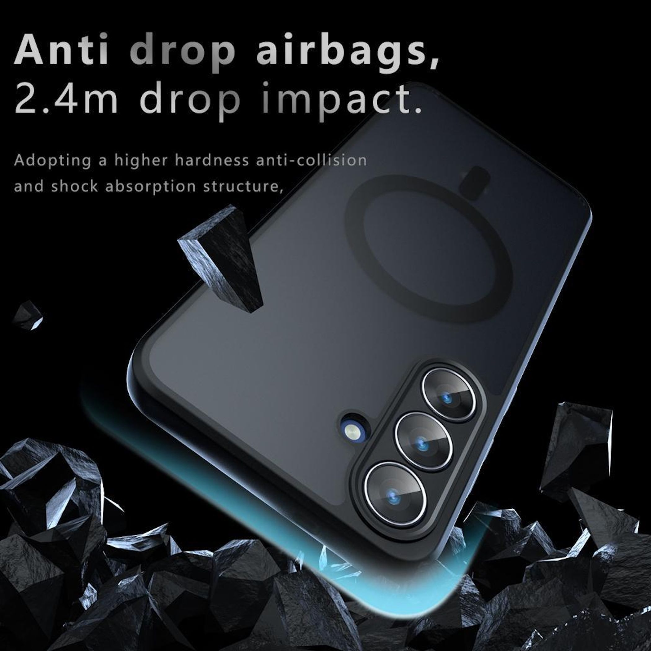 Schwarzes Handy mit Airbags, umgeben von schwarzen Steinen.