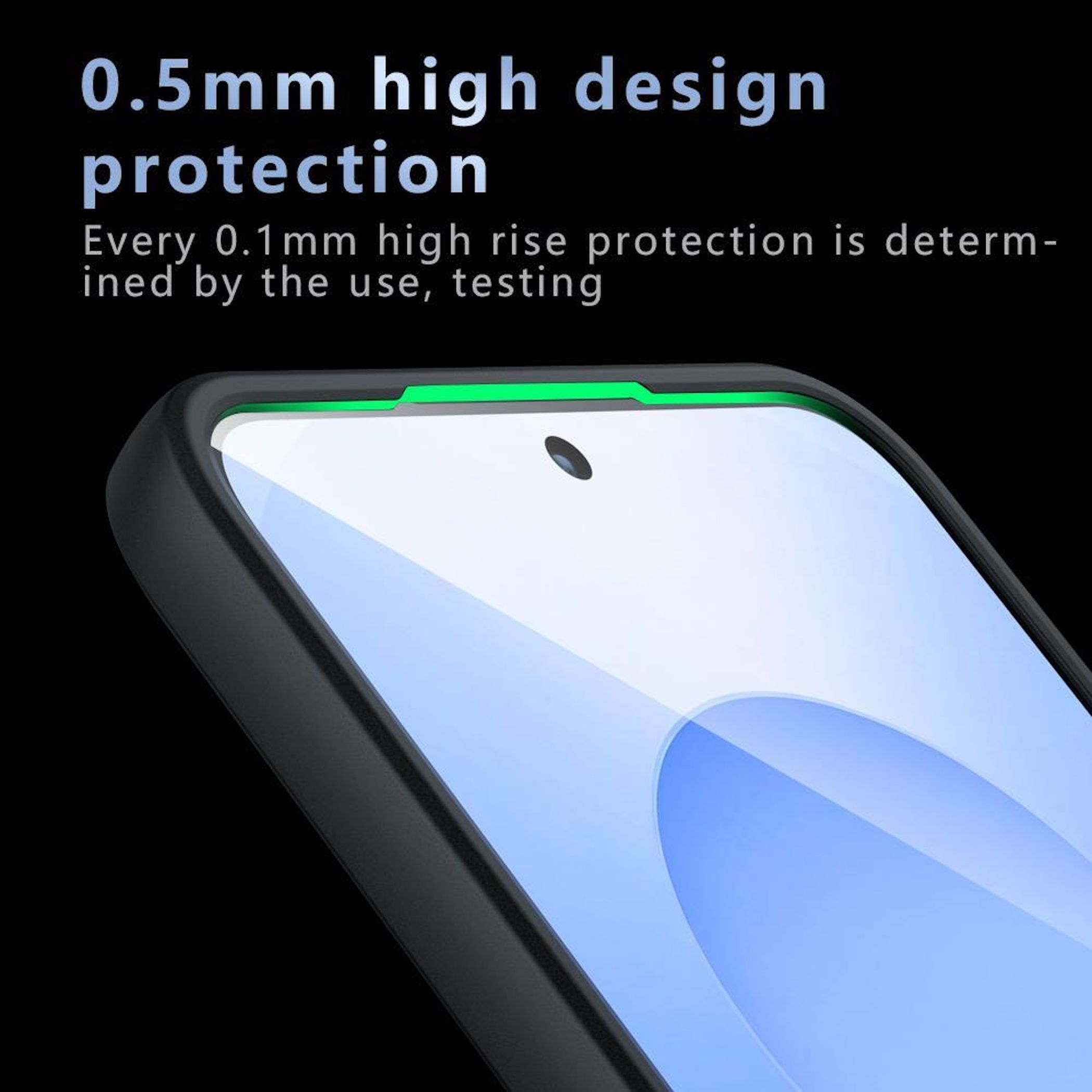 Schwarzes Handy mit grünem Rand und Display. Text über Schutz.