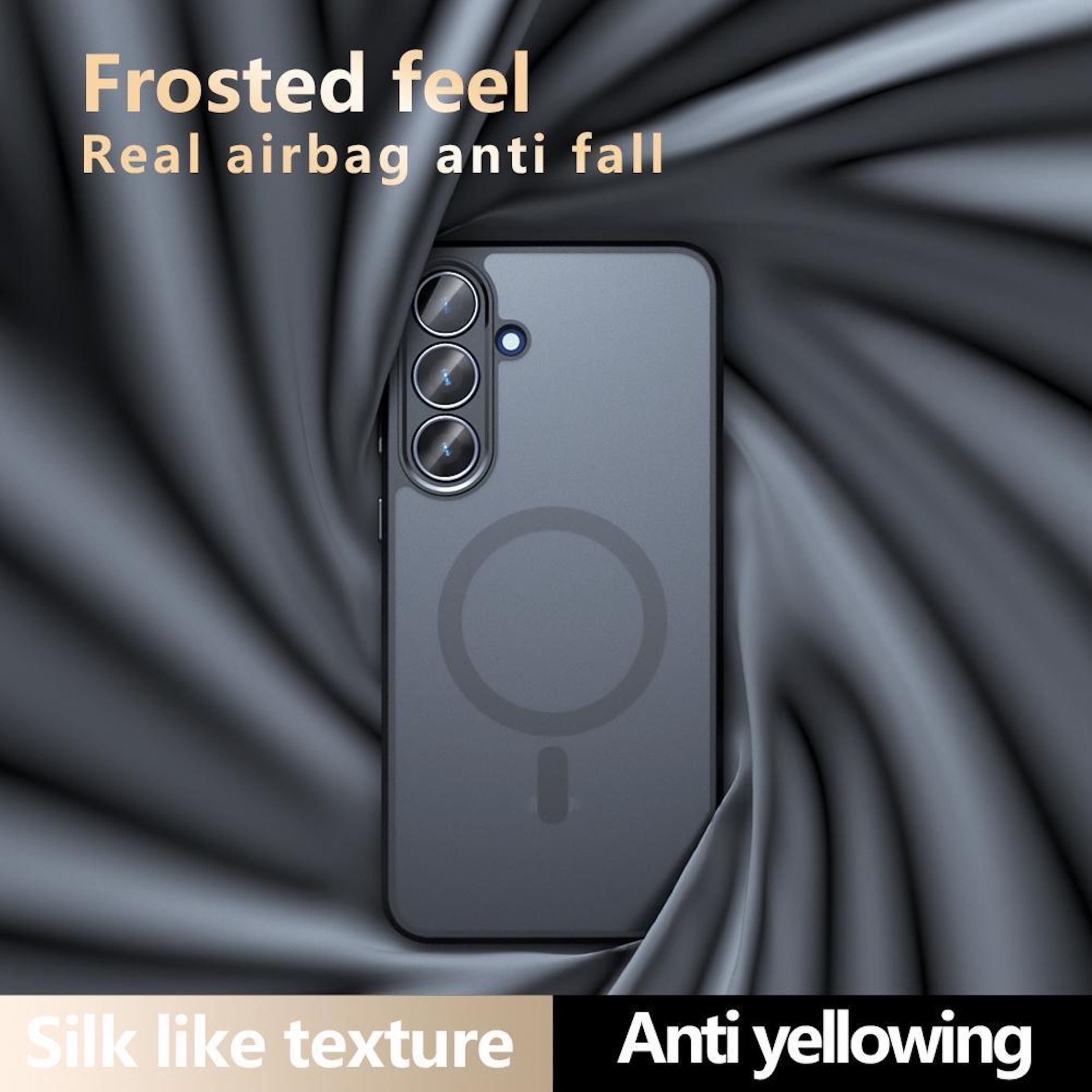 Dunkelgraues Handy mit Ring-Design auf der Rückseite, auf dunklem Stoff.