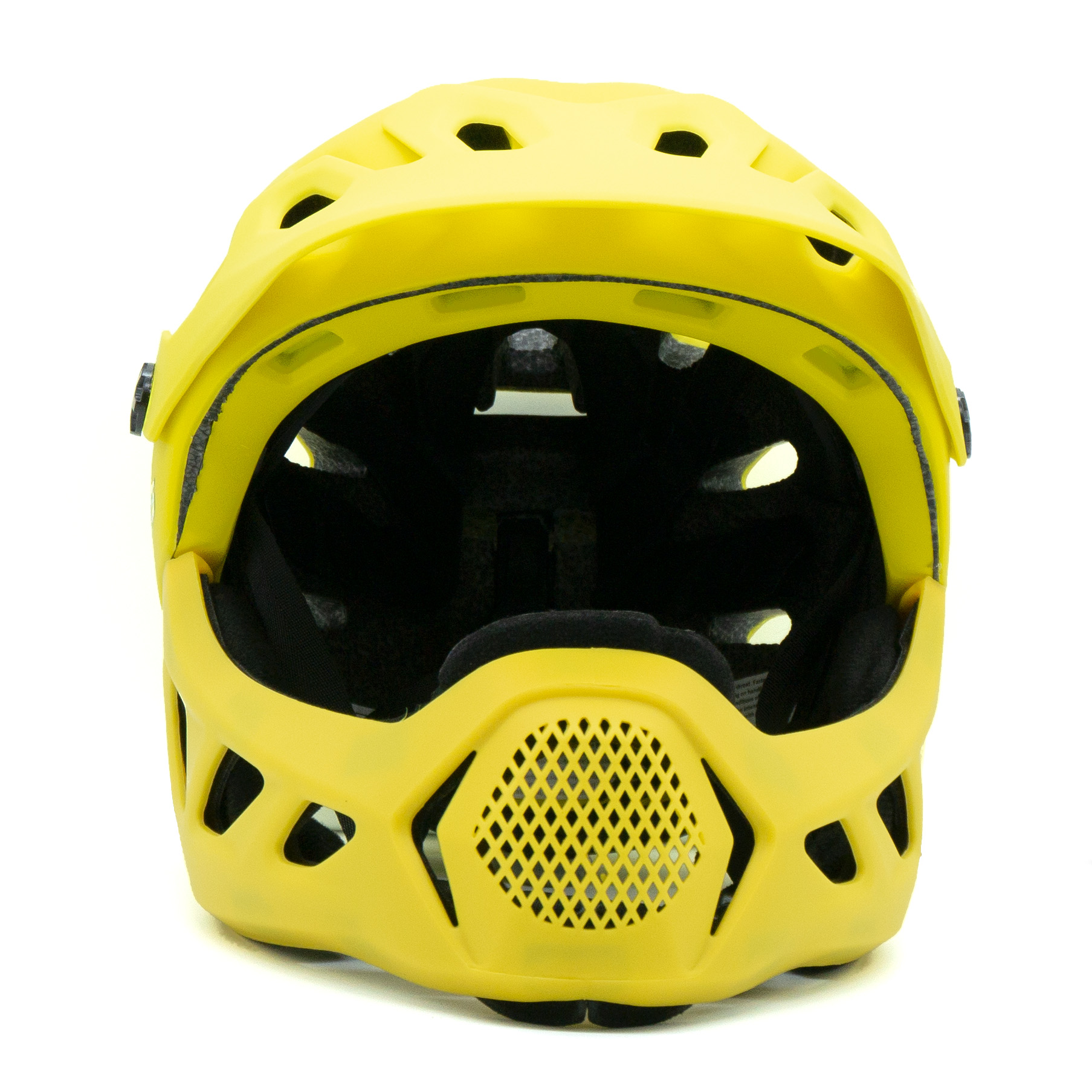 Casco integrale giallo con prese d'aria e griglia sul paravento.