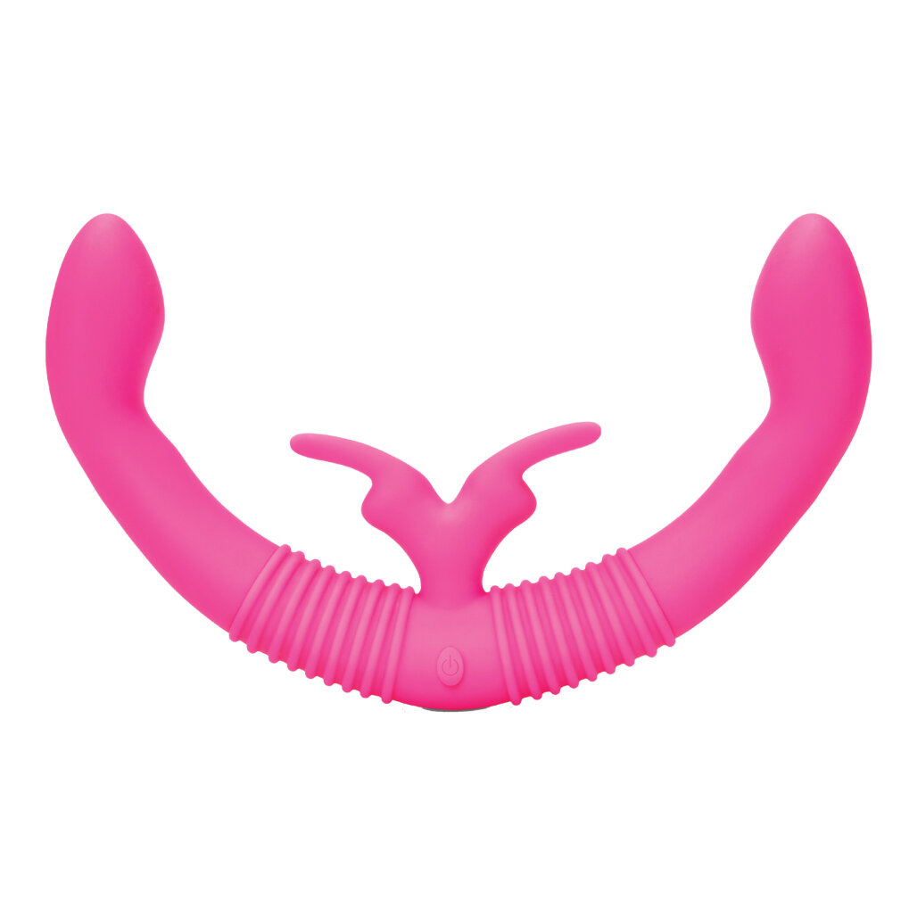 Ein pinker Vibrator mit zwei gebogenen Armen und einem gerippten Mittelteil.