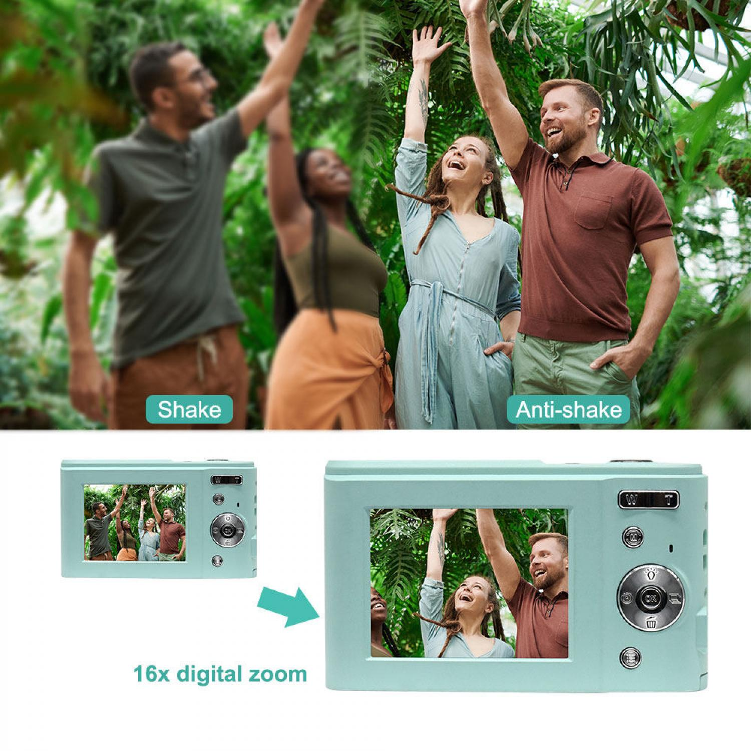 Ein mintgrünes Digitalkamera-Display zeigt ein Foto von vier lächelnden Personen, die ihre Arme heben.