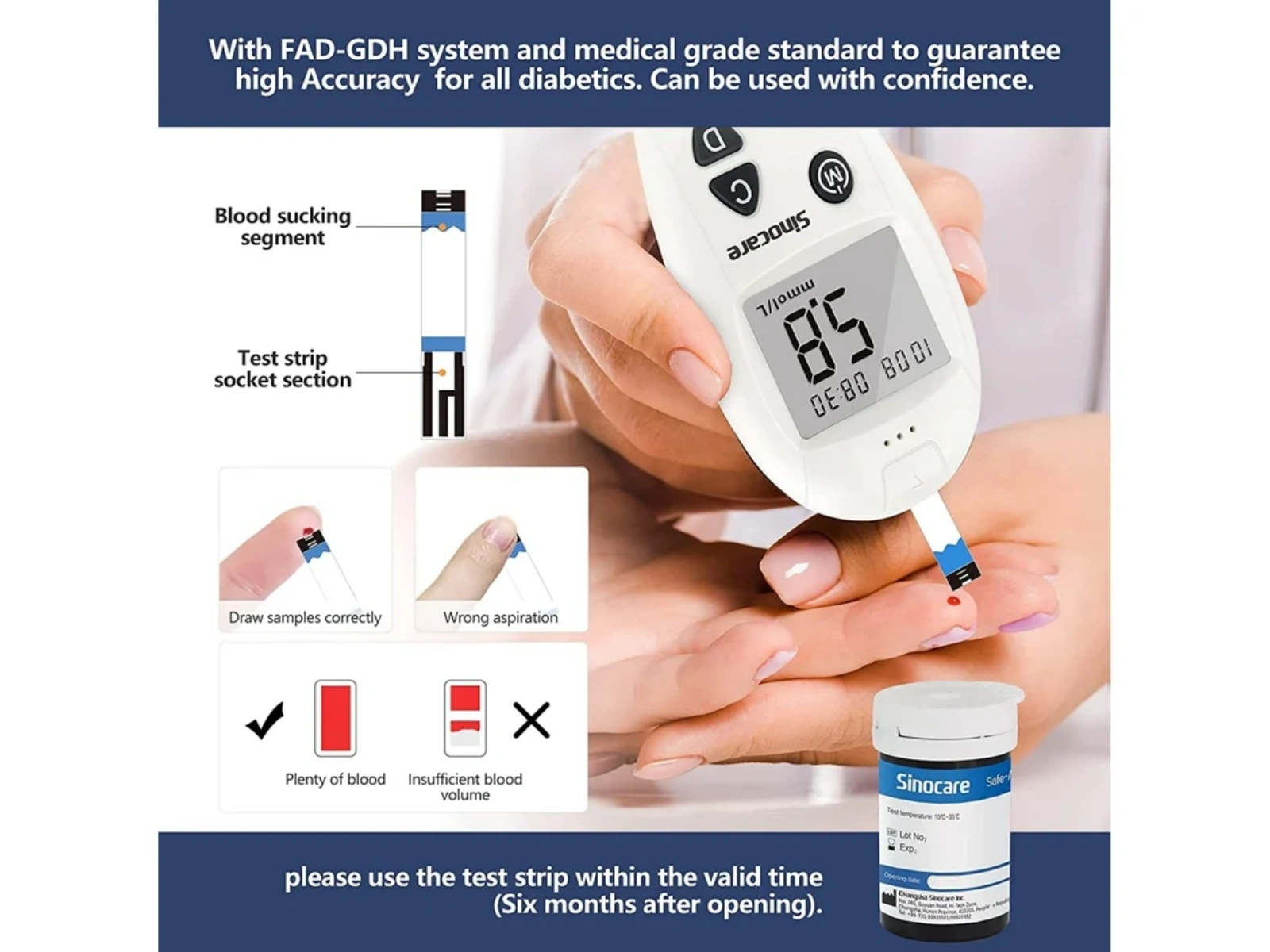 Person misst Blutzucker mit Glukometer. Teststreifen wird eingeführt.