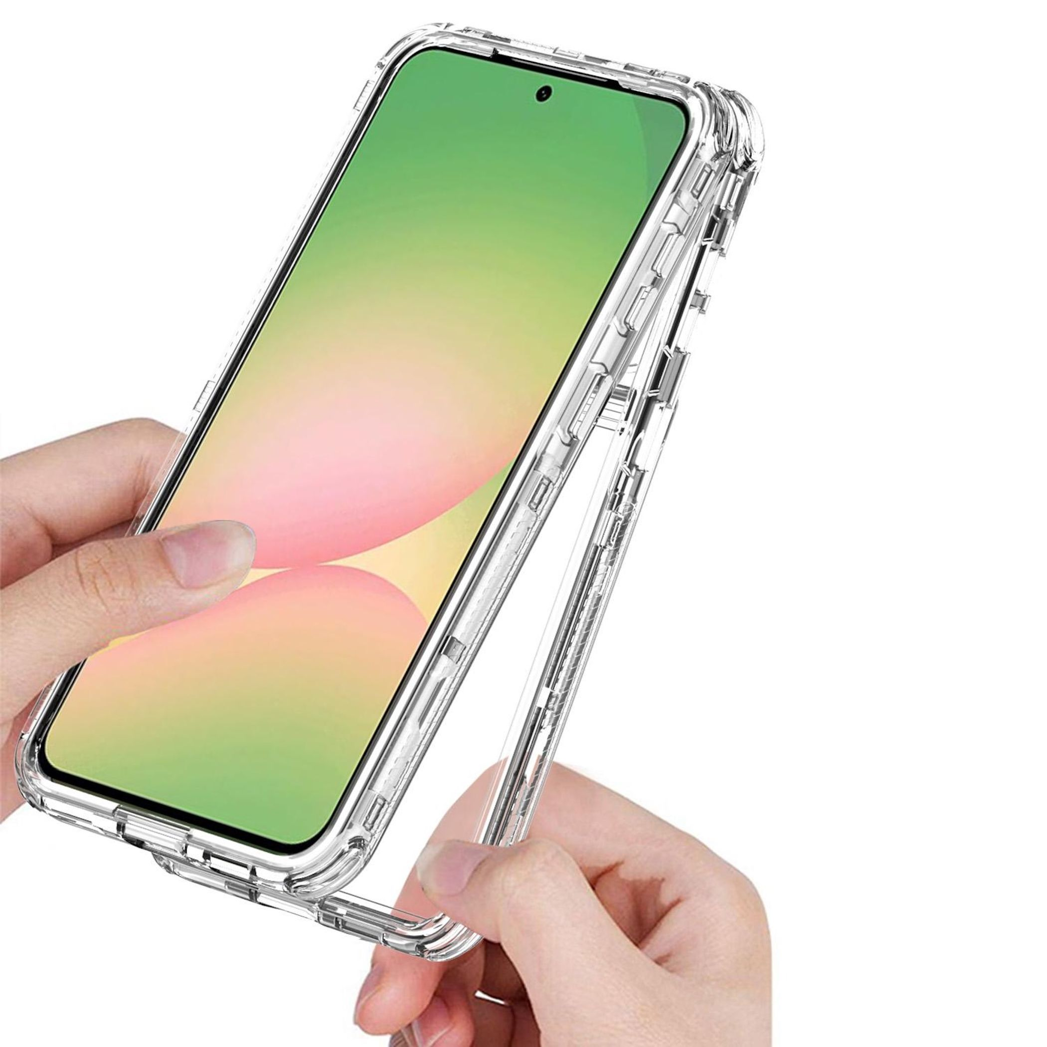 Hände halten ein transparentes Handyhülle mit einem Handy.