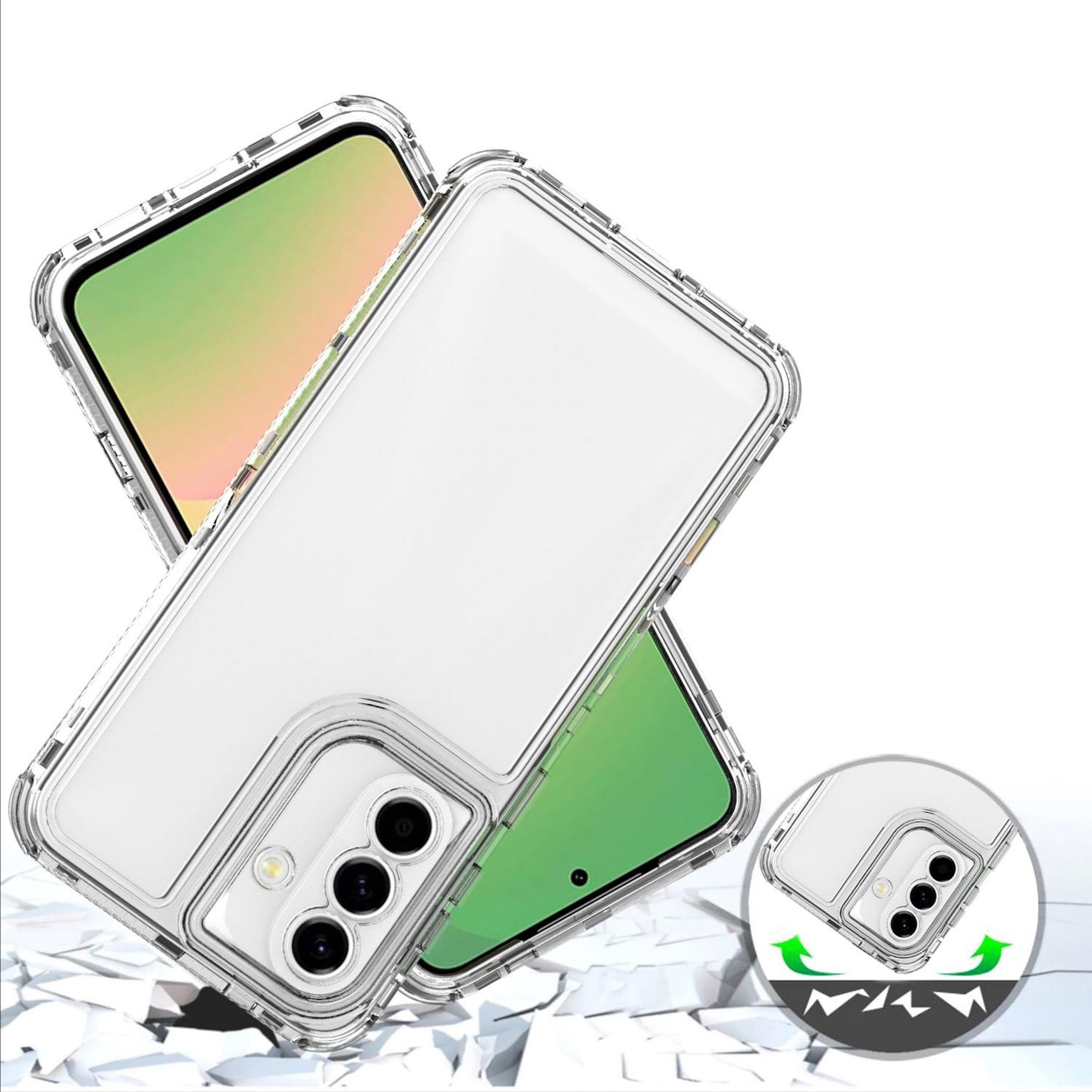 Transparente Hülle für ein Smartphone mit drei Kameras, die auf Scherben liegt.