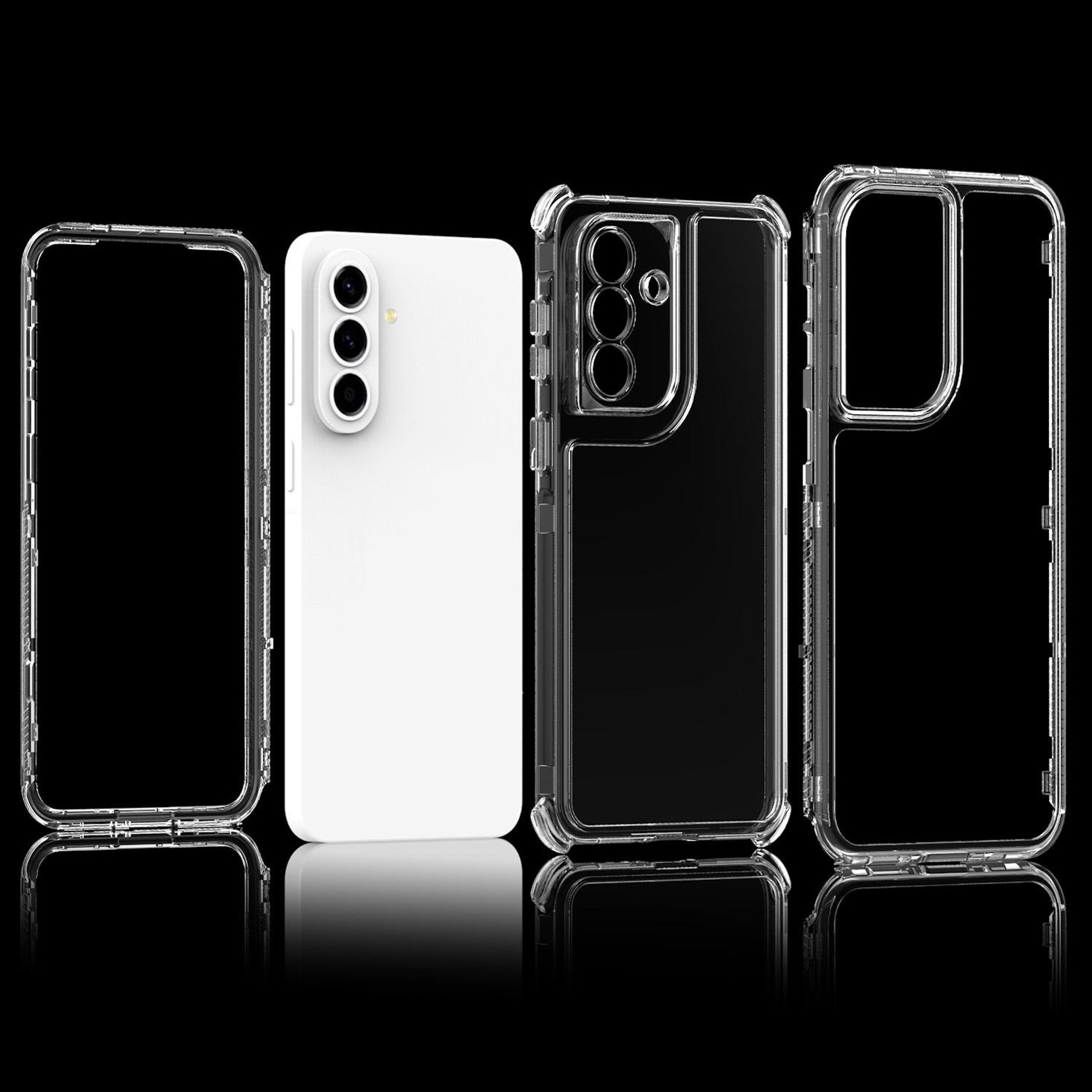 Vier durchsichtige Handyhüllen und ein weißes Smartphone werden vor schwarzem Hintergrund gezeigt.
