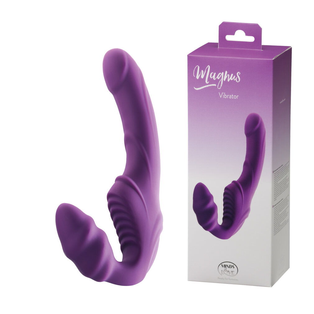 Lila Vibrator mit Verpackung. Der Vibrator hat eine gebogene Form und Rillen.