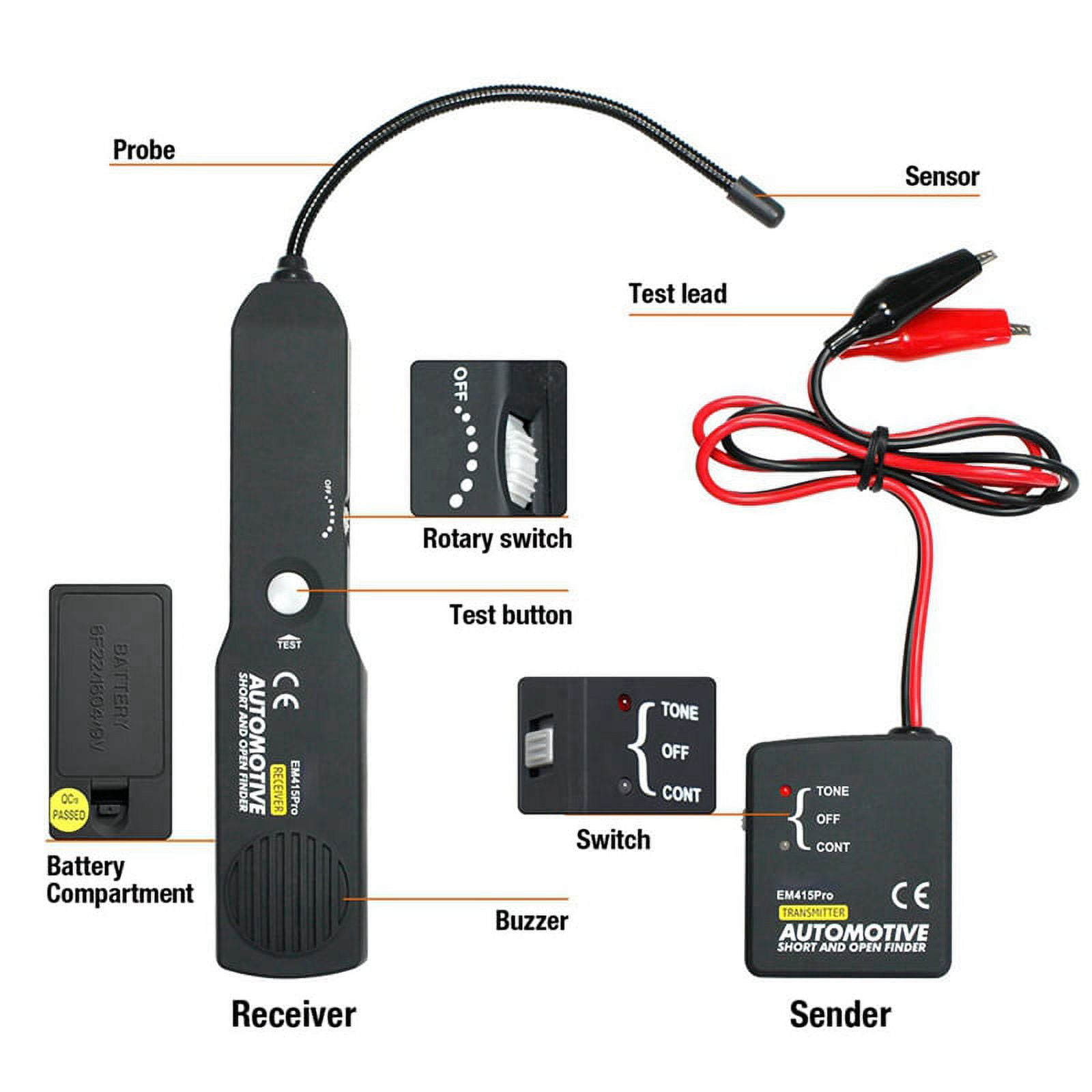 Ein schwarzer Kabeltester mit Empfänger, Sender, Batterieabdeckung und Prüfspitze.