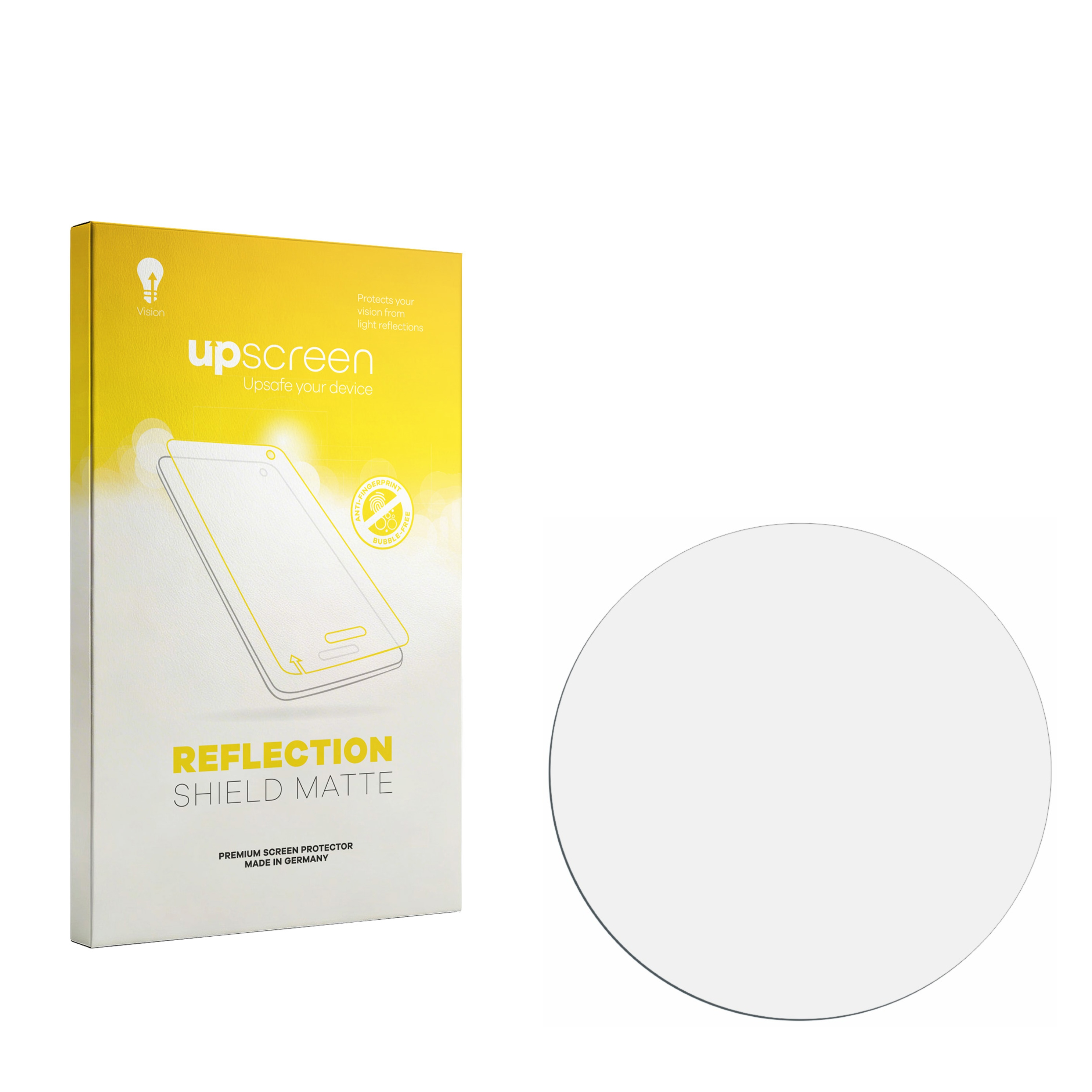 Gelbe Verpackung für Displayschutzfolie mit Handy-Abbildung und runder Folie.