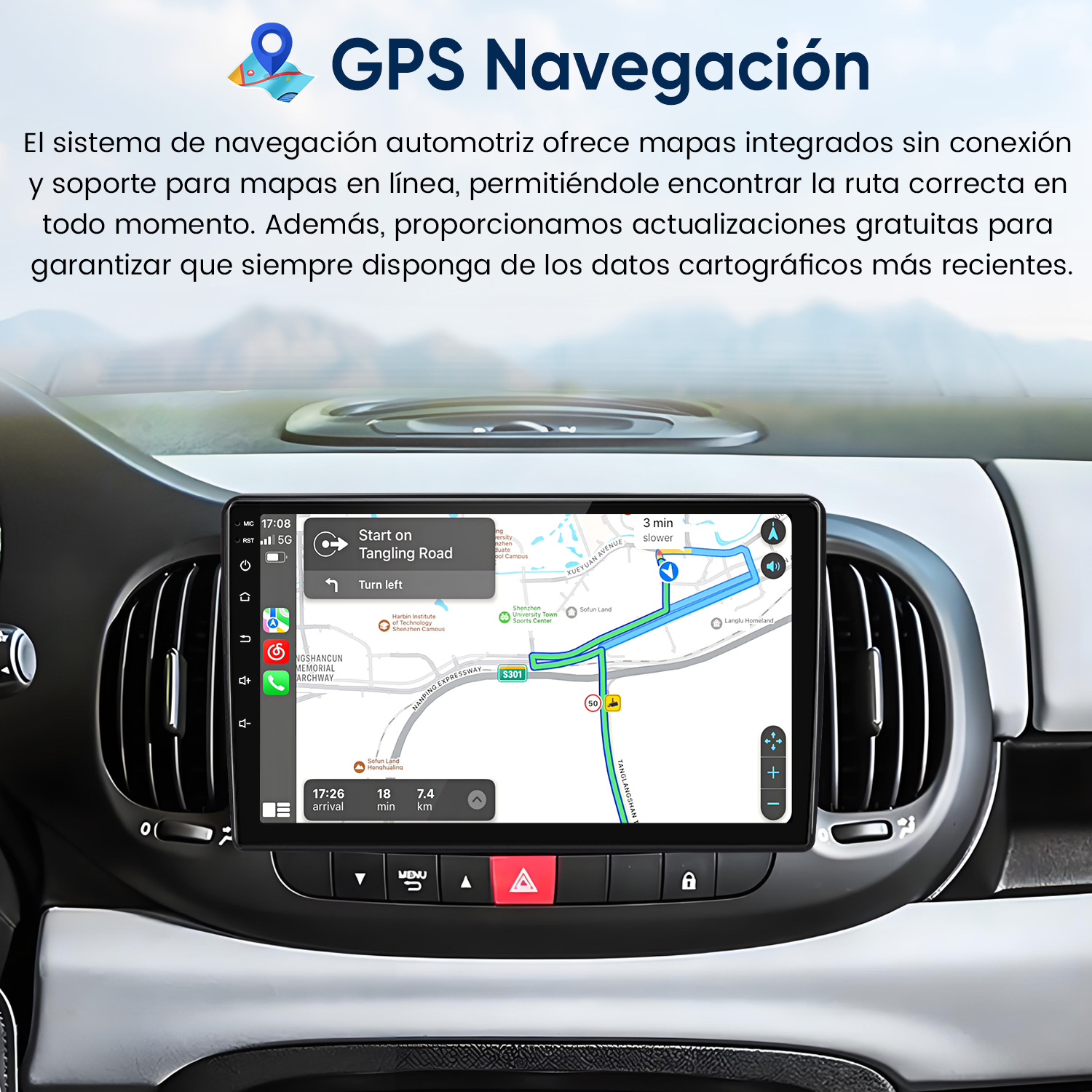 Sistema de navegación GPS de coche mostrando un mapa con ruta y guía.