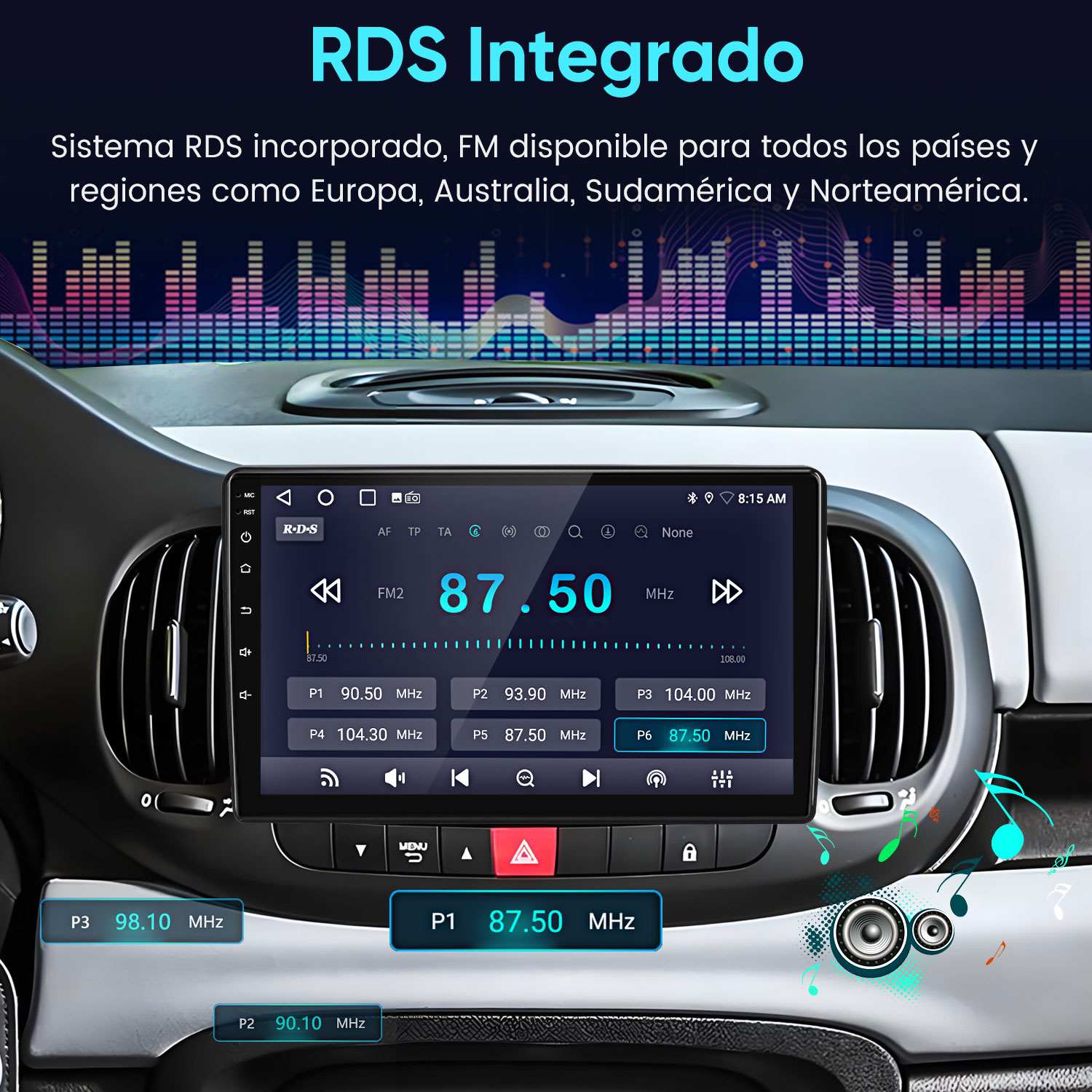 Radio de coche con función RDS que muestra estaciones de radio en su pantalla.