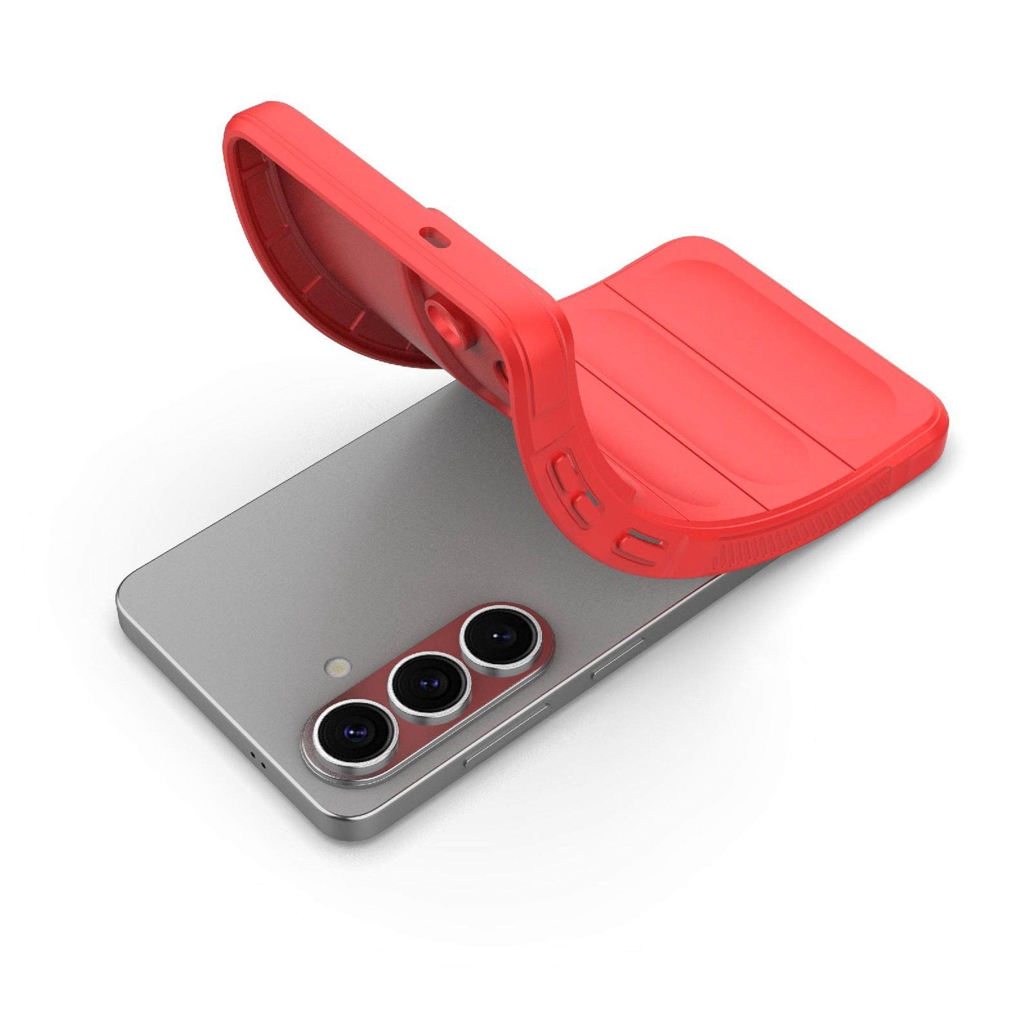 Ein roter Handyhülle liegt über einem silbernen Smartphone mit drei Kameralinsen.