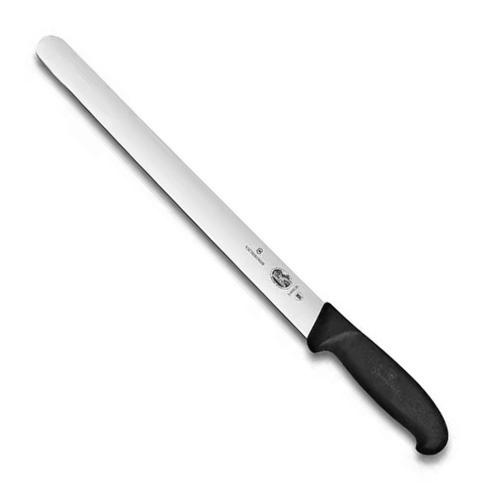 Uzun, dar, siyah saplı Victorinox oyma bıçağı beyaz zeminde duruyor.