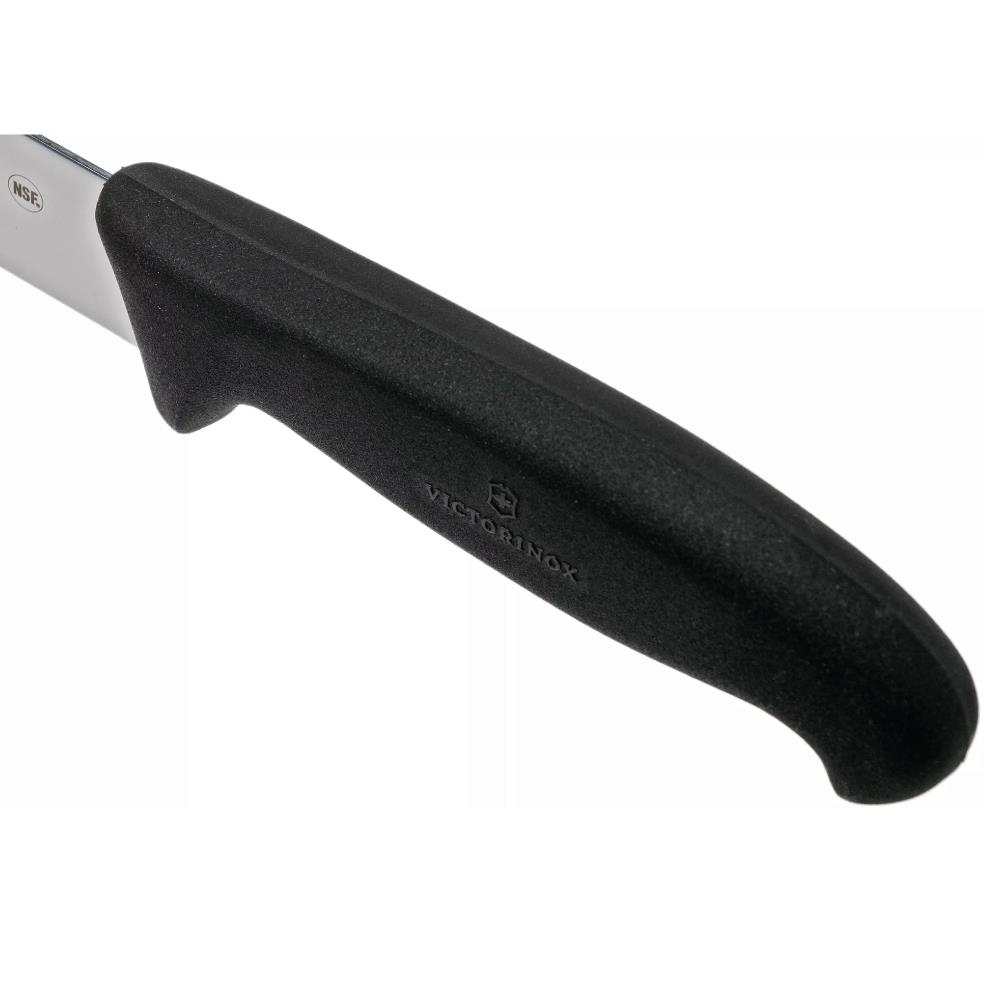 Gümüş bıçaklı ve NSF mührü olan siyah Victorinox bıçak sapı.
