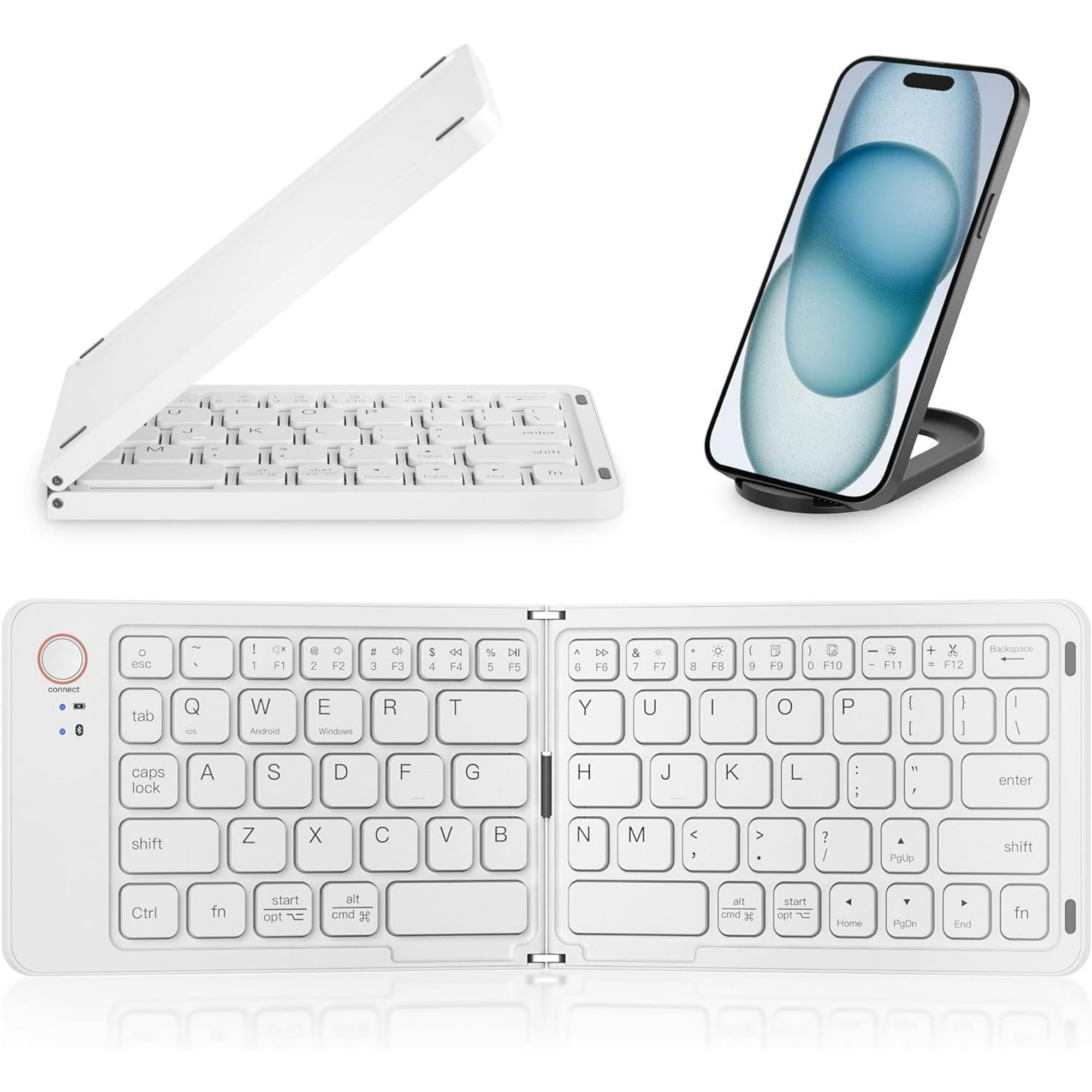 Weiße faltbare Tastatur und Smartphone auf Ständer. Draufsicht.