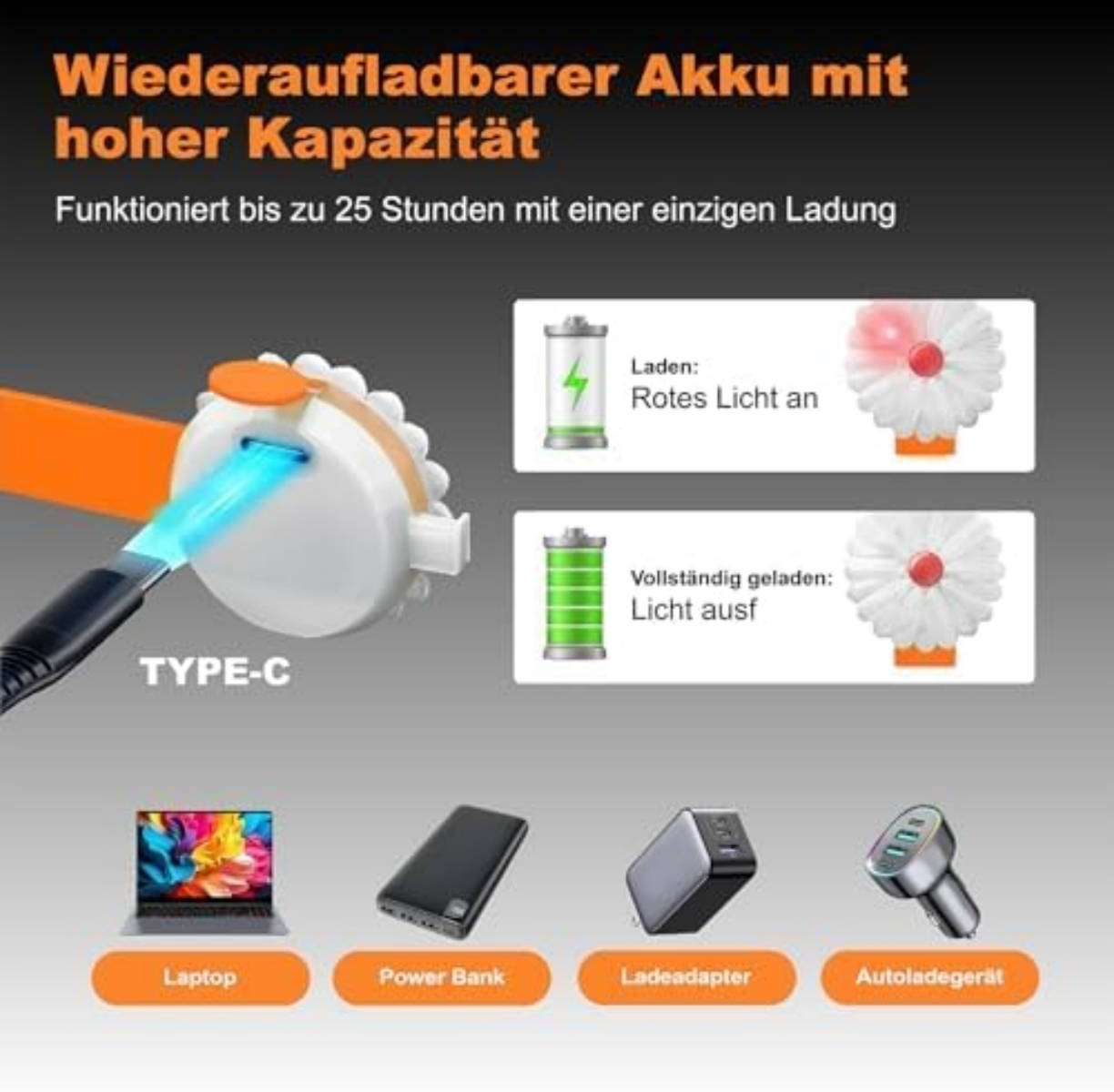 Akku mit Typ-C-Anschluss, Ladeanzeige und Zubehör wie Laptop, Powerbank und Ladegerät.