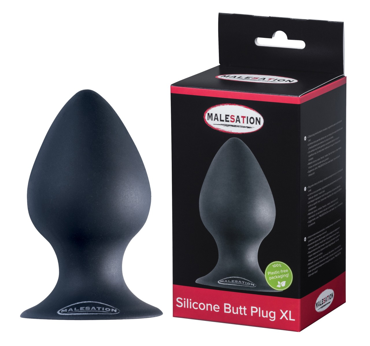 Schwarzer Silikon-Butt Plug XL mit Verpackung. Der Plug ist vorne und die Verpackung rechts.
