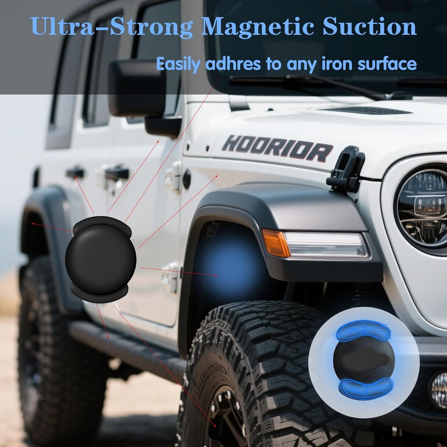Schwarzer magnetischer Saugnapf auf einem weißen Jeep. Leuchtende blaue Magnetspulen.