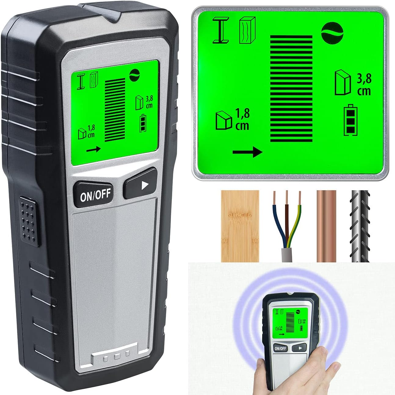 Ein digitaler Wandscanner mit grünem Bildschirm zeigt Balken und Messwerte.