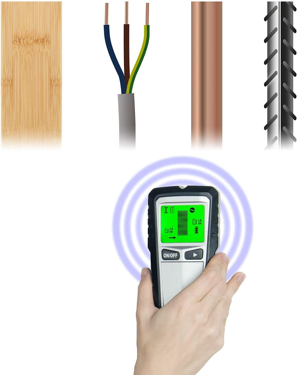 Ein Detektor in der Hand scannt eine Wand mit Holz, Kabel, Kupfer und Metall.