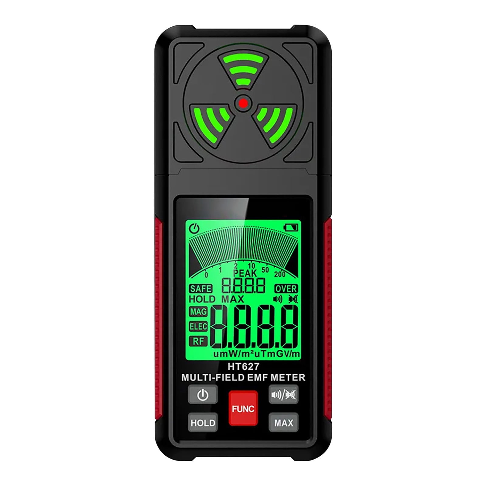 Ein schwarz-roter Multi-Feld-EMV-Messgerät mit grüner Digitalanzeige.