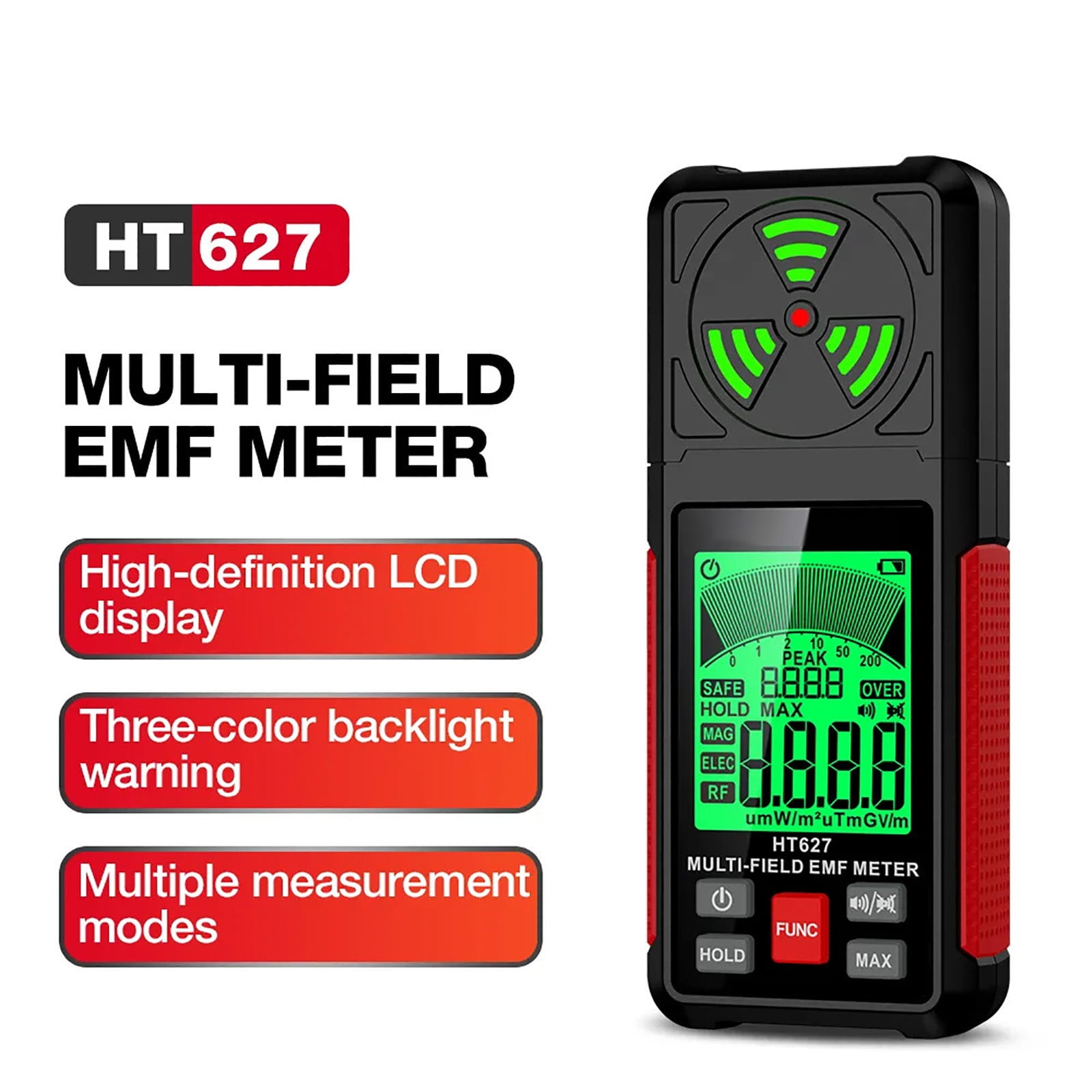 HT 627 Multi-Feld-EMV-Messgerät mit LCD, Strahlensymbol und Tasten.