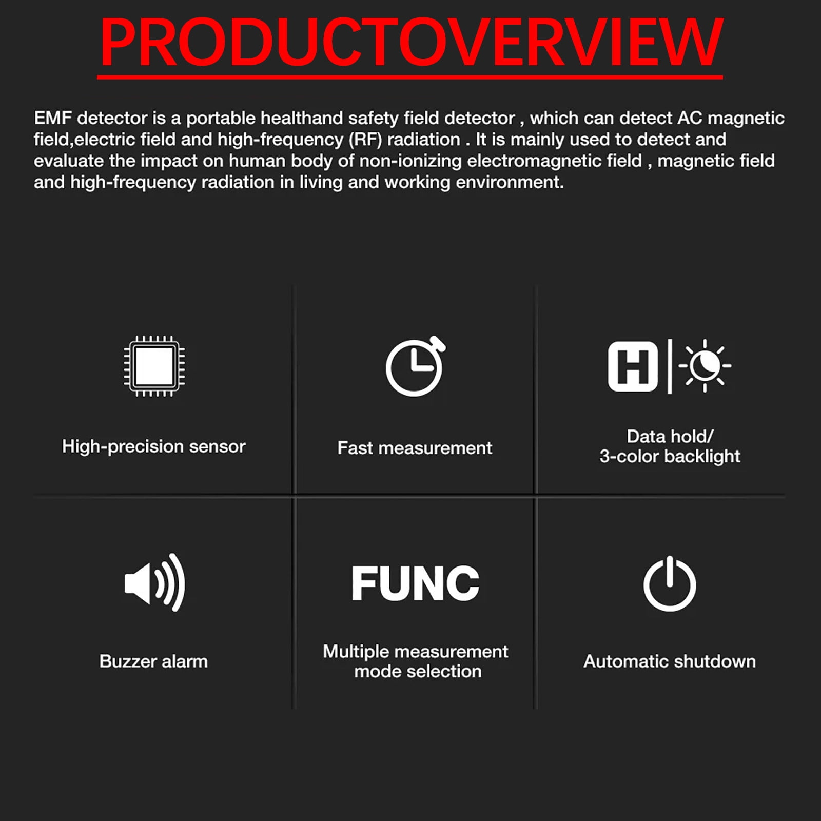 Produktübersicht mit Icons für Sensor, Messung, Datenhaltung, Alarm, Funktion und Abschaltung.