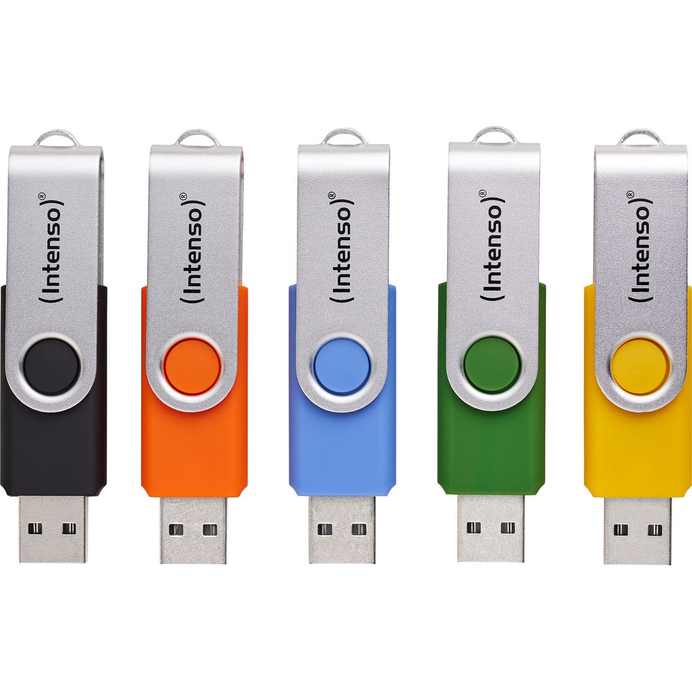 Fünf USB-Sticks in Schwarz, Orange, Blau, Grün und Gelb nebeneinander.