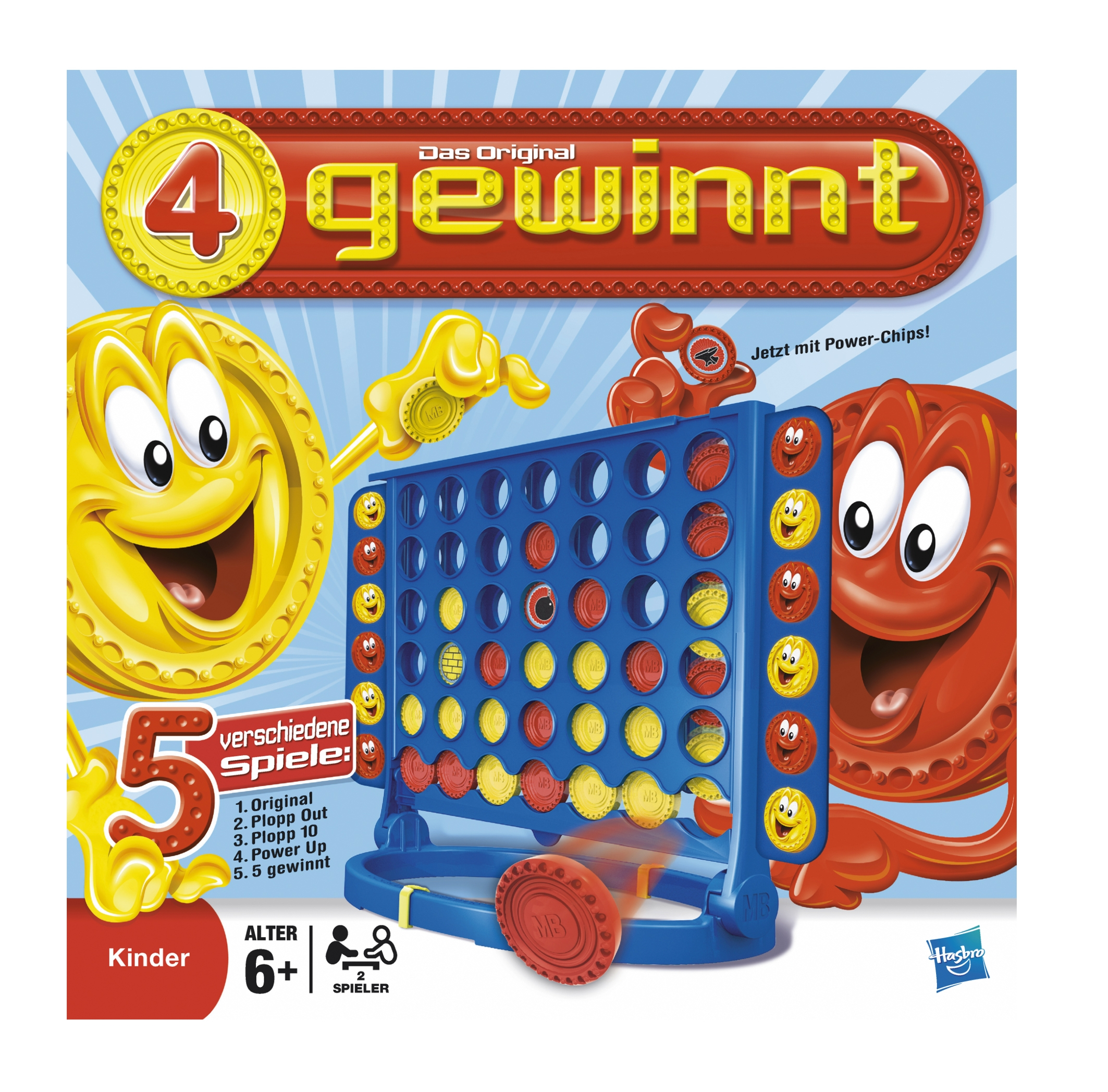 Das Original 4 Gewinnt Spiel mit roten und gelben Spielsteinen und Cartoon-Figuren.