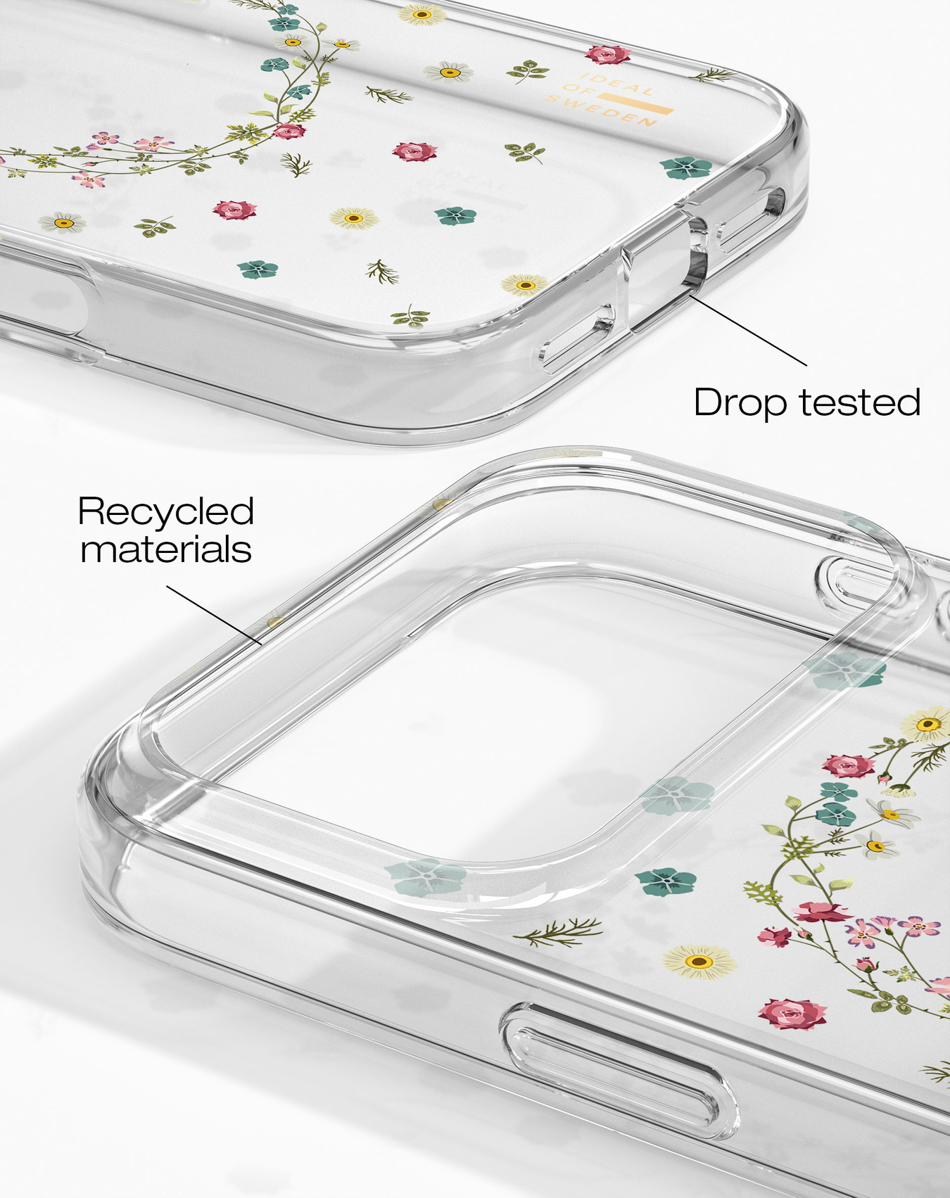 Transparente Handyhülle mit Blumenmuster, „Drop tested“.