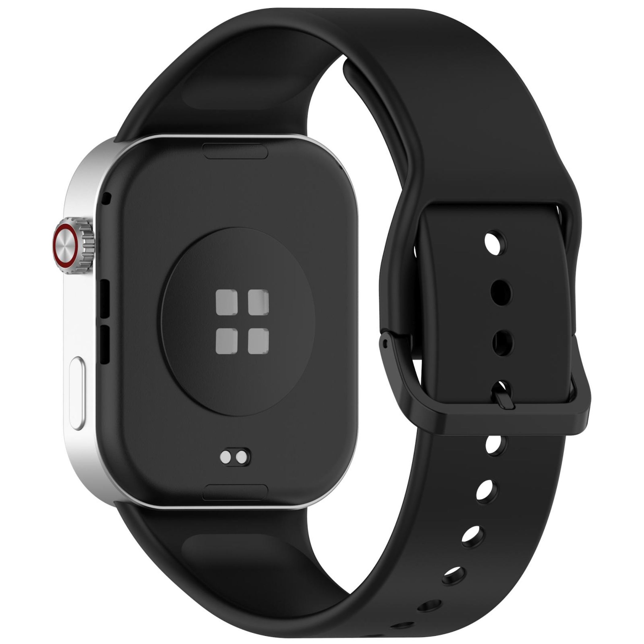 Ein schwarzes Smartwatch-Armband mit silbernem Gehäuse und rotem Knopf.