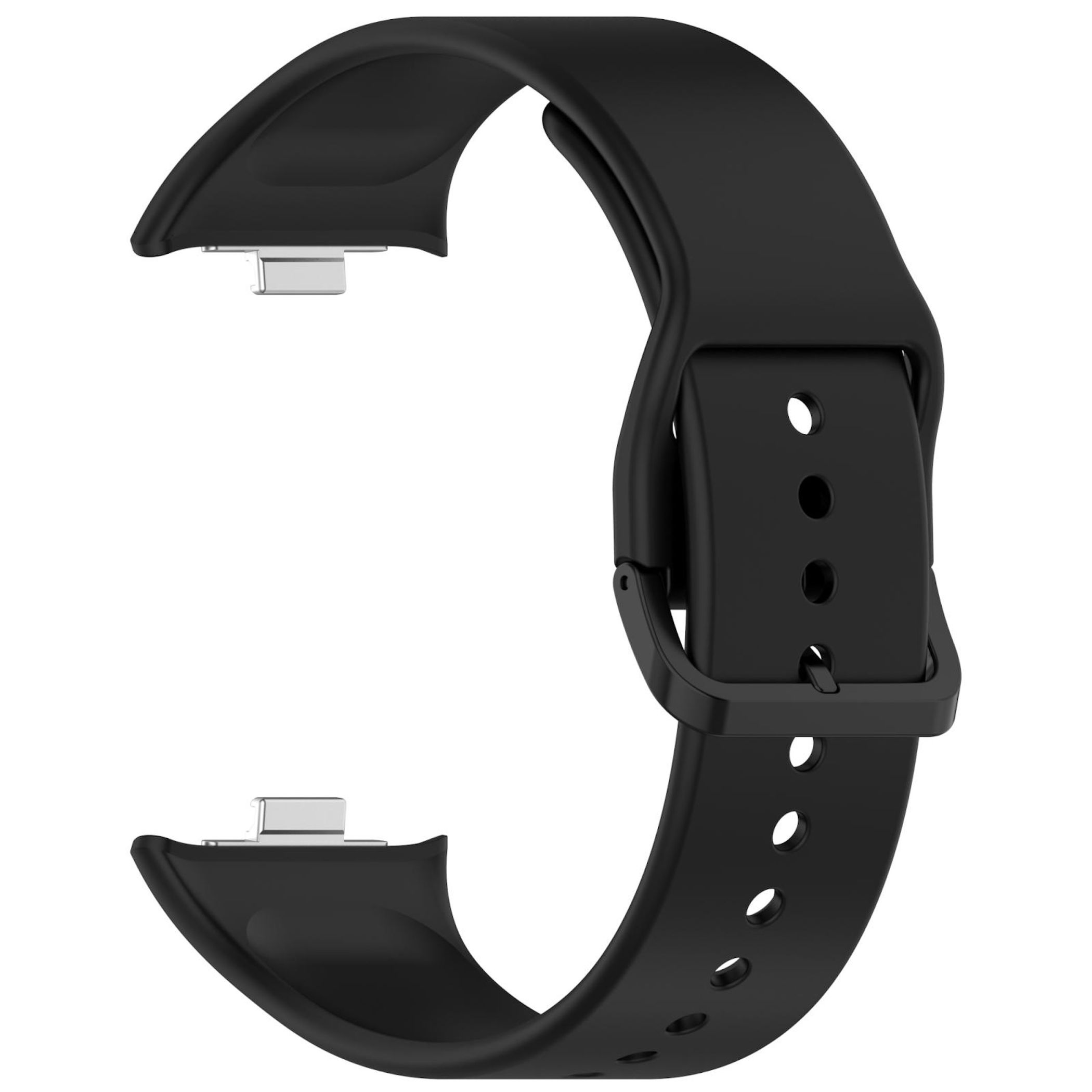 Ein schwarzes Uhrenarmband aus Silikon mit Metallschnalle und Lochung.