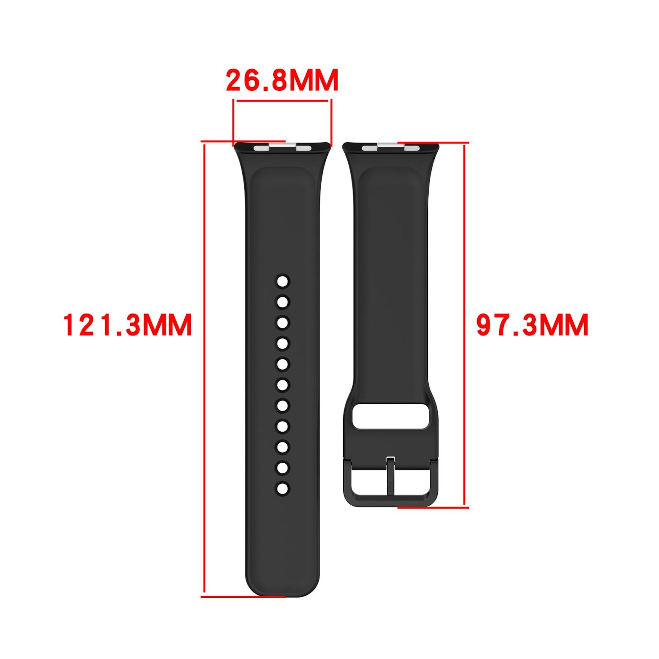 Zwei schwarze Uhrenarmbänder mit Maßen: 121,3mm, 97,3mm und 26,8mm.