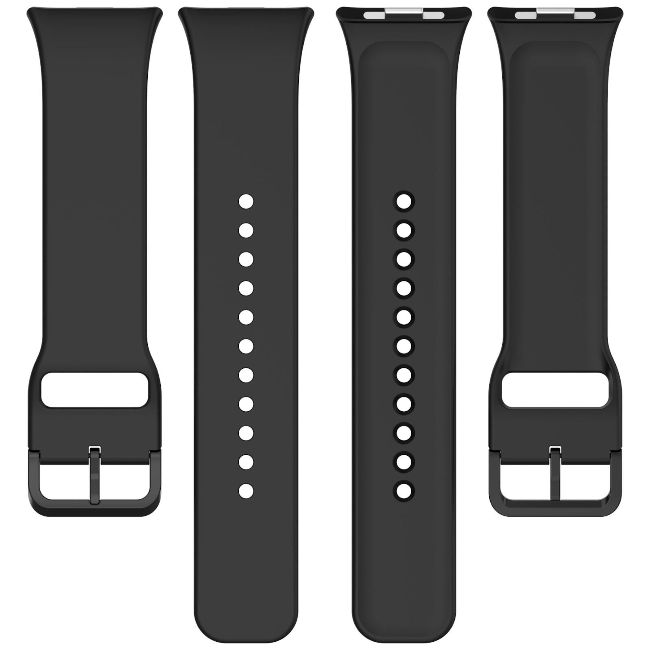 Vier schwarze Uhrenarmbänder mit Schnallen und Lochreihen.